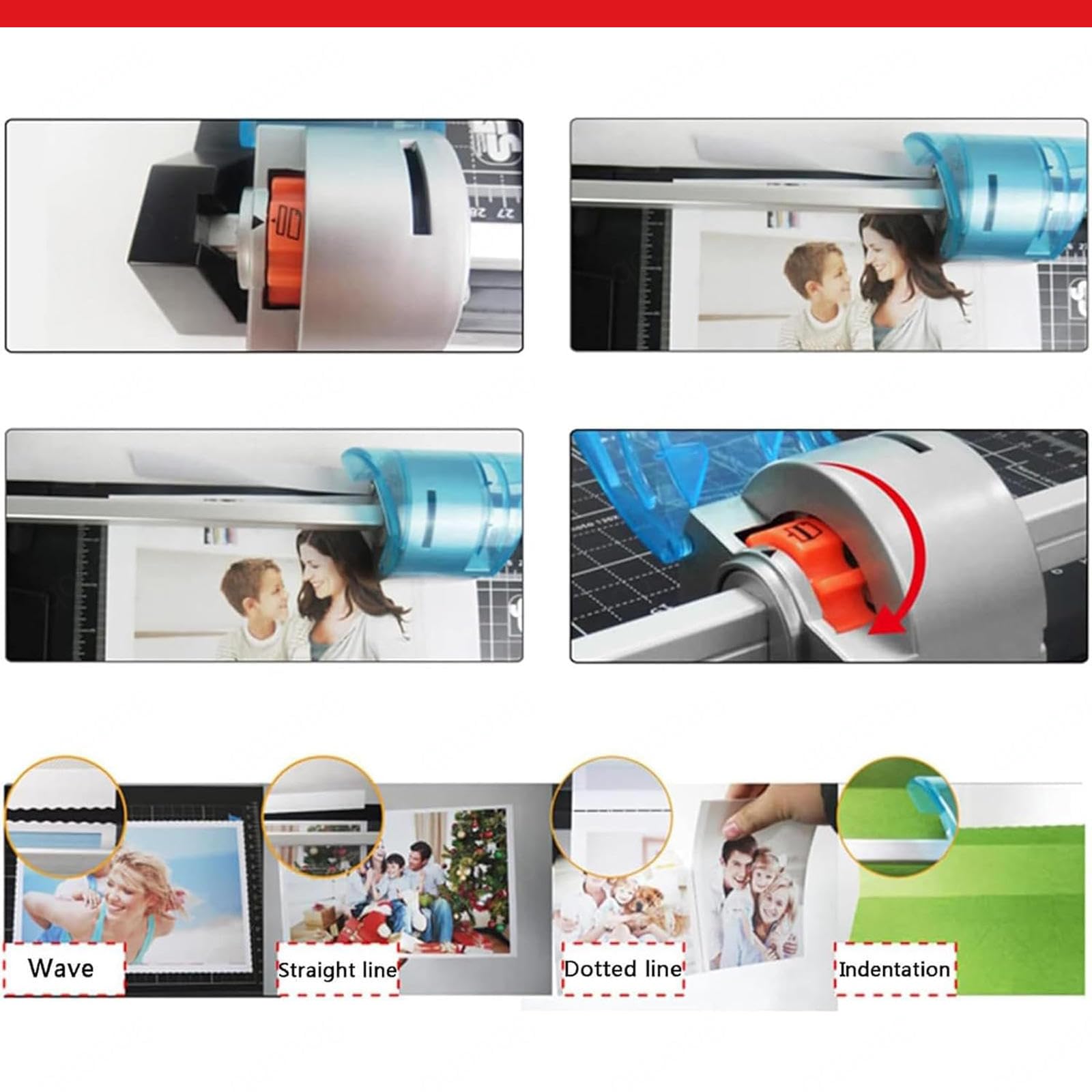 Robuster Rotations-Papierschneider, manueller A4-Papierschneider mit 4 Klingen für gerade, gewellte, gepunktete und knitternde Linien, Guillotine-Schneider für Fotos und Karten