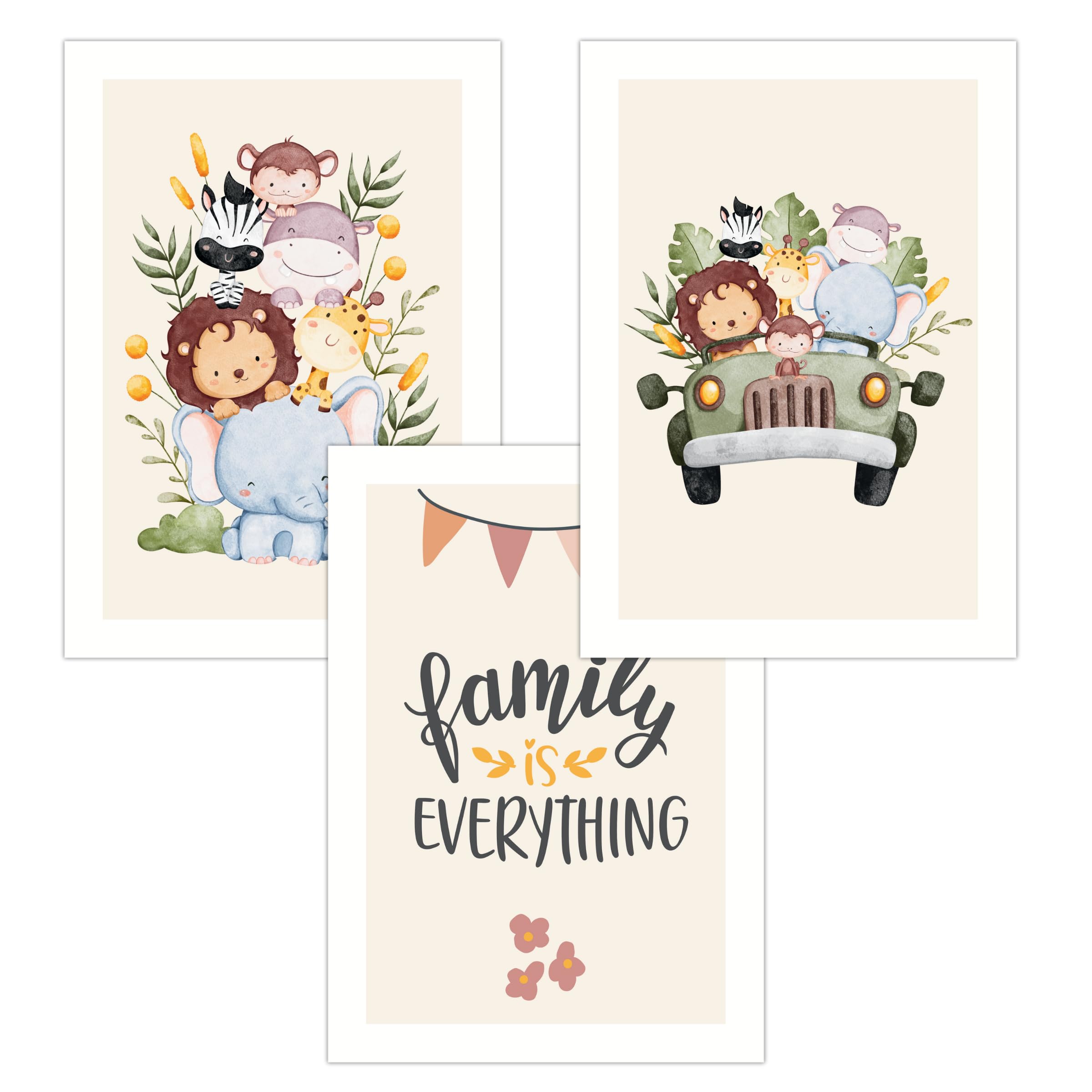 FAVELOT Poster Kinderzimmer Jungen, Mädchen A4 - Safari, Tiere, Grün Beige - Bilder Babyzimmer Deko - Deutscher Premium-Druck - 3er Set Din A4