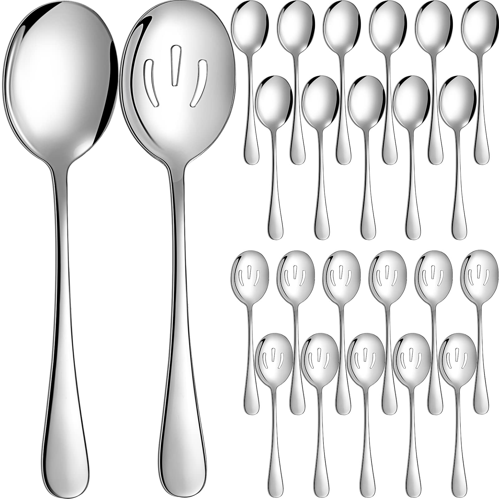 Wilzing 24 Pieces 8.5 Inch Serving Spoons Set Including 12 Serving Spoon and 12 Slotted Spoons Stainless Steel Buffet Serving Utensils for Kitchen Cooking Banquet, Mirror Polished, Silver