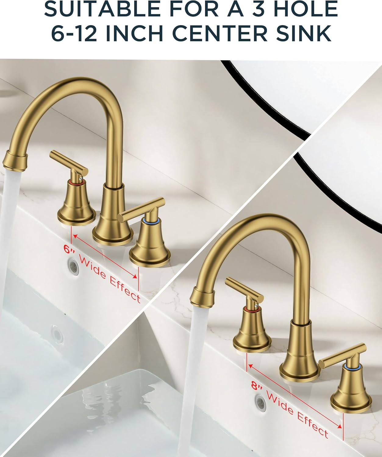 FORIOUS Gold Bathroom facuet 3 Hole, 8 inch Brushed Gold Bathroom Sink Faucet Widespread with 360° Swivel Spout and Spare Water-Saving Aerator and Drain, 3 Piece Vanity Tap for Restroom Upgrade