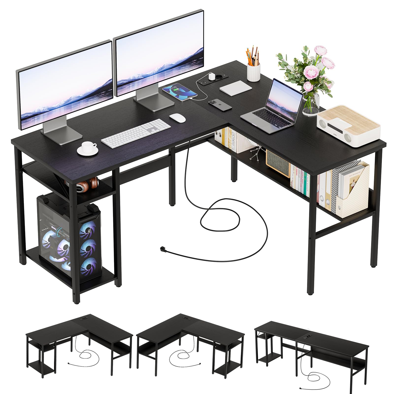 Homieasy Scrivania Angolare 128cm con Prese e USB, Nero | Design Reversibile, Supporto CPU e Ripiano, Salvaspazio per Casa e Ufficio, Metallo e MDF