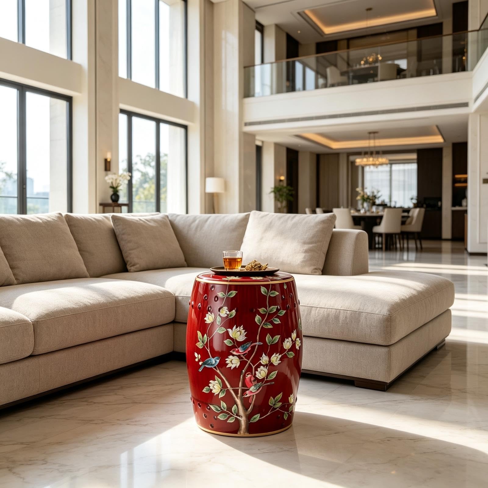 Chinoiserie Ceramiczny Stołek Do Perkusji, Dekoracyjny Stołek Ogrodowy, 18-calowy Stolik Boczny Stojak Na Sadzarkę Do Ogrodu Patio Trawnik Dom Wewnątrz Na Zewnątrz(Yellow)