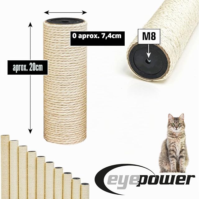 Foto 6 de 8 de eyepower Ø 7,4 cm: 20 cm Poste Rascador de Repuesto - Rosca M8 - Accesorio Fuerte para Árbol de Gatos