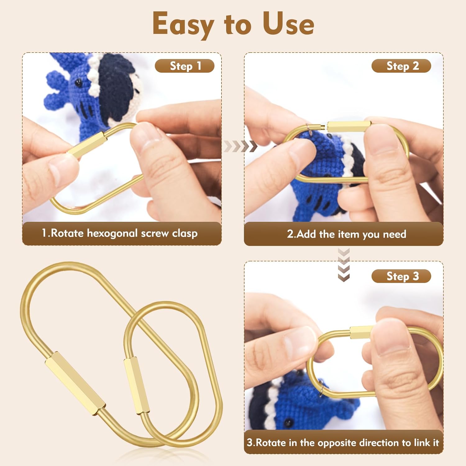 2Pcs Gold Brass Key Rings, Gold Carabiner with 10 O-Rings, Brass Screw Lock Keychain Clip for Keys Purse Bag Charms for Handbags image 4 of 6 B0FXV7HCFW