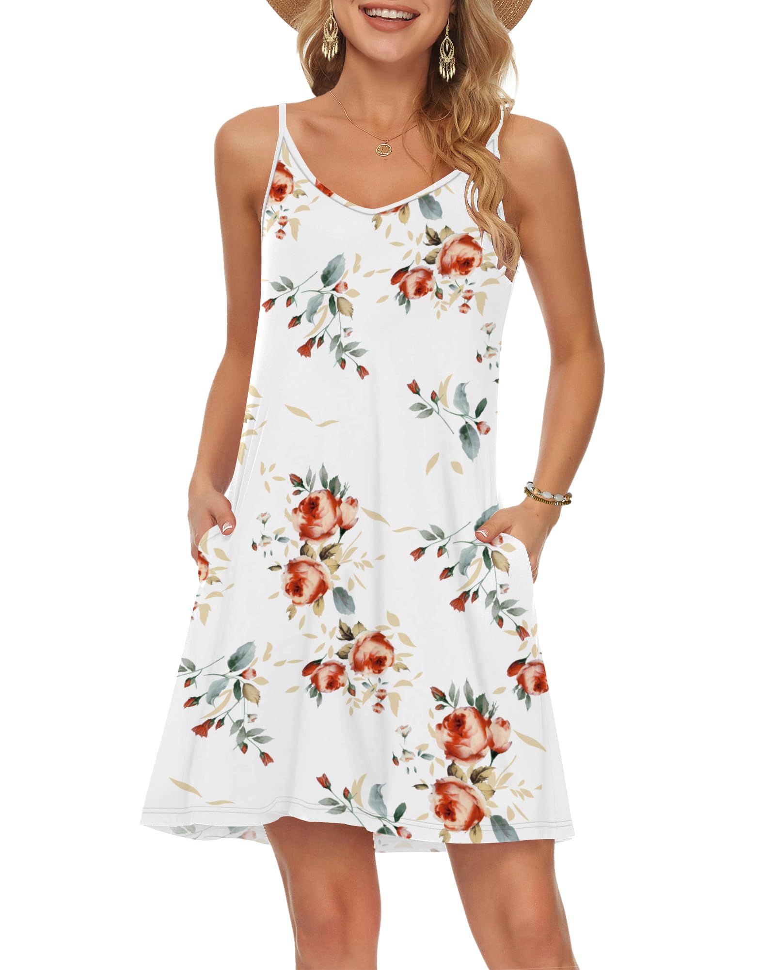 MISFAY Women's Summer Spaghetti Strap Casual Swing Tank Beach Cover Up Dress with Pockets