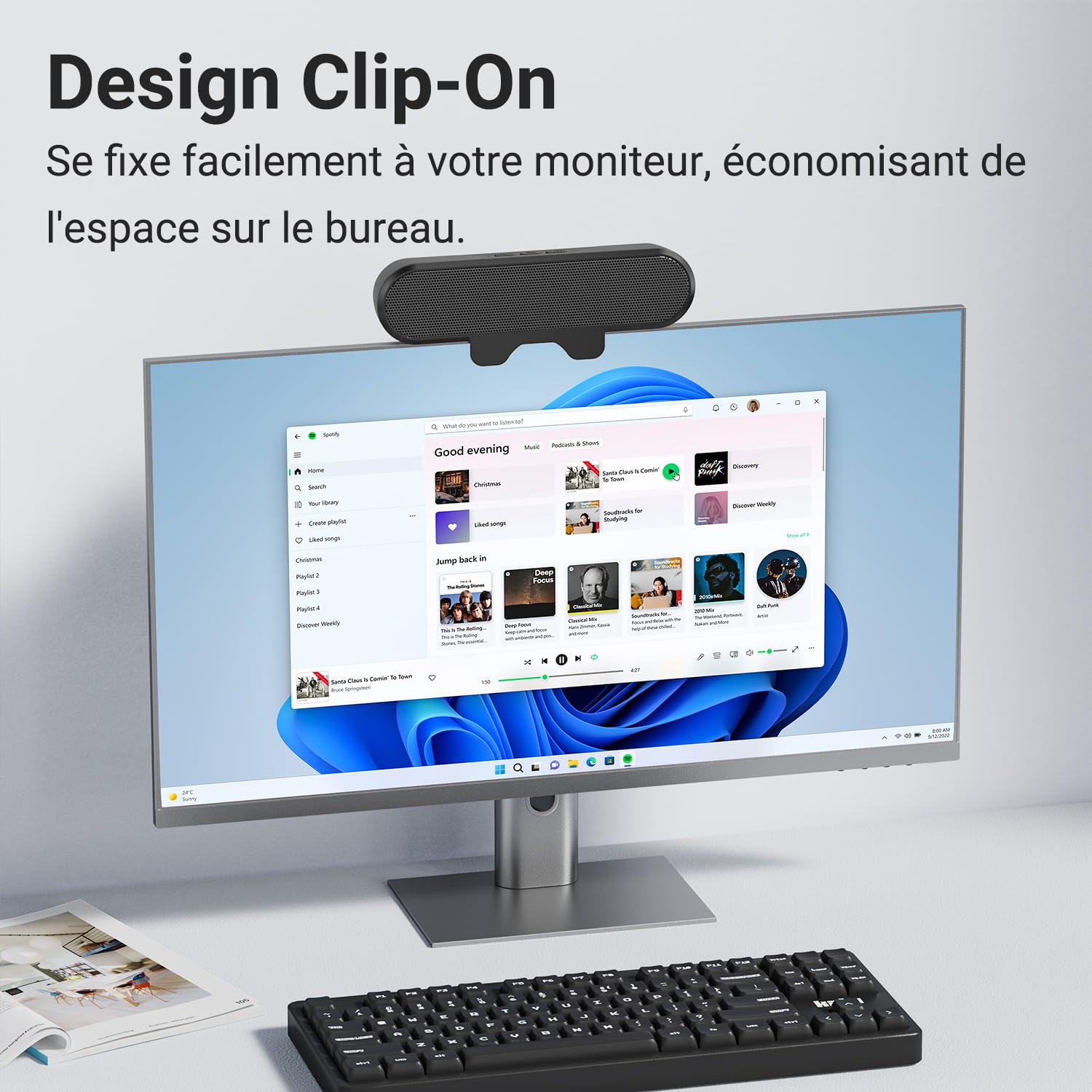 INGA Enceintes USB pour écran d’Ordinateur et Ordinateur Portable, Soundbar de Bureau à Clip, Enceintes PC USB/C, adaptées pour Bureau, Ordinateur Portable et Mac (Noir)