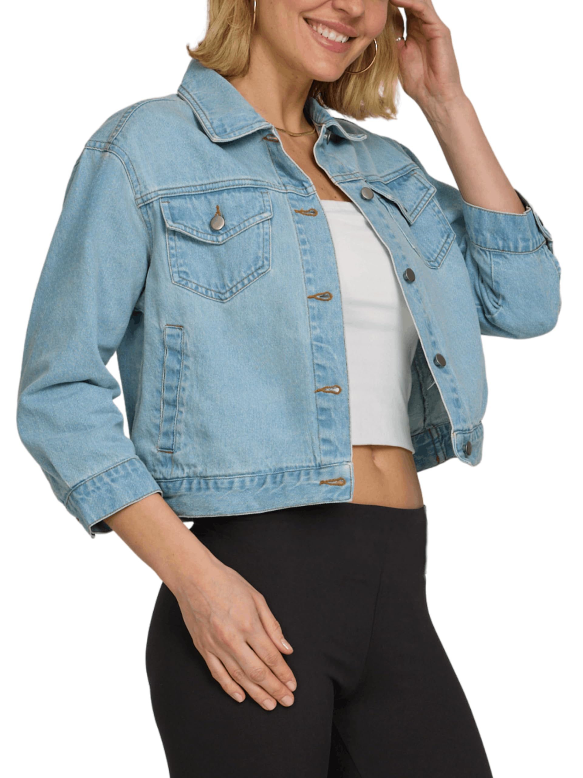 American Denim 3/4 Sleeve Denim Jacket for Women, Button Up Short Sleeve Jackets for Women, Womens Cropped Denim Jacket