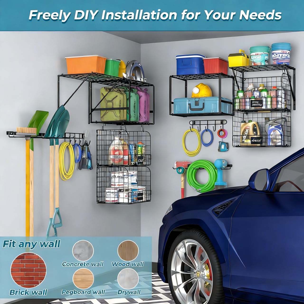 Scaffalatura per Garage Resistente con Cestelli Metallici, Mensole per Lavanderia, Mensole da Parete, Organizer per Attrezzi per Capannone, Giardino, Cucina, Rimorchio