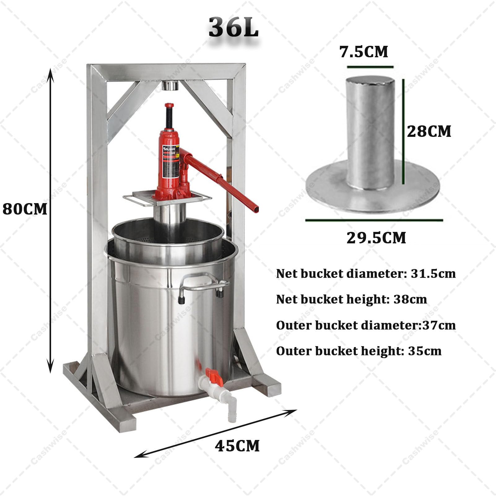 Hydraulische Obstweinpresse, Edelstahl-Hydropresse, Apfelweinpresse, Traubenweinpresse für Wein, Traubenwein, Wein, Apfelweinsaft, Weinherstellungsausrüstung 36L