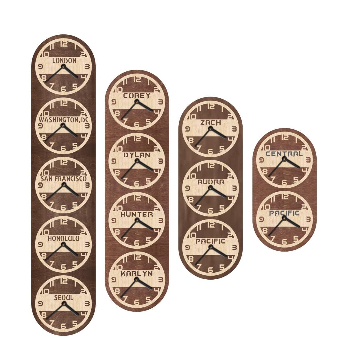 MonaStarLight Vertical Wall Clock with 2-5 Time Zones Dials, Custom Personalized Multiple World Clock, Office or Family Home Timezone Clock, Black Or Brown