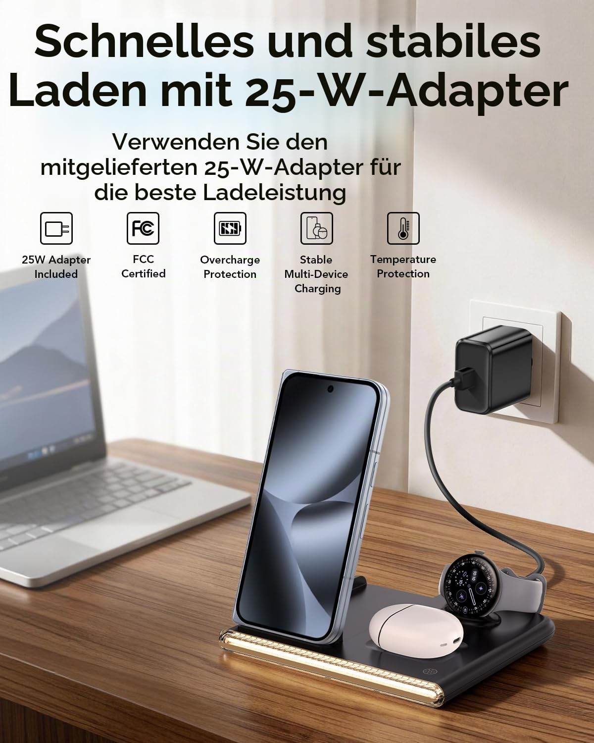 Nur für Google Pixel Watch 4 induktive ladestation mit Nachtlicht | 4-in-1 Handyladestationen kompatibel mit Google Pixel 10 Pro Fold, 10 Pro XL, 10 Pro/10/9/8/7 und Buds Pro 2/Pro Kopfhörern