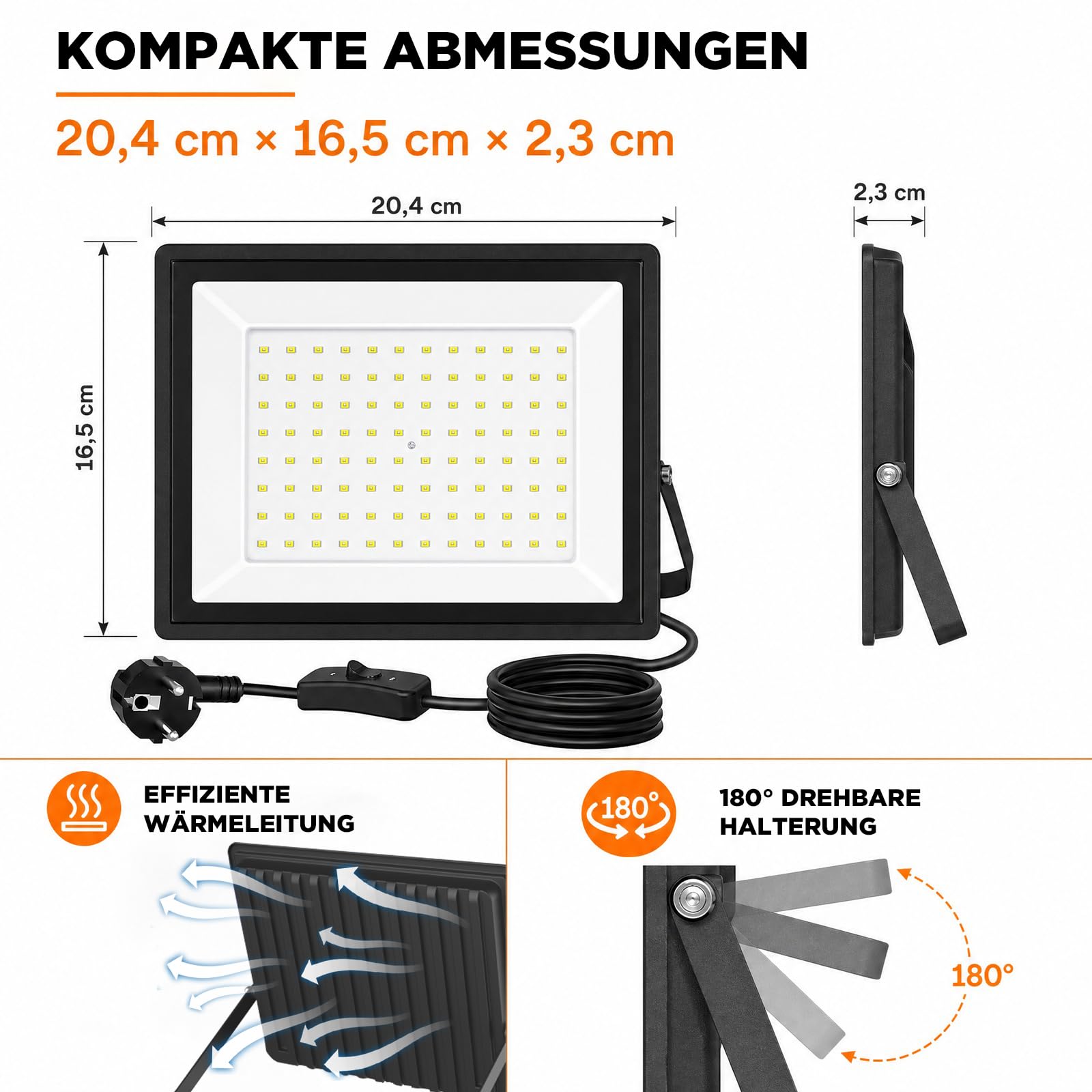 Zewnętrzny reflektor LED 100 W, 11000LM 6500K zimna biel, kabel 2 m z wtyczką, IP66, wodoszczelny, ultra jasny reflektor, idealny do magazynu, budowy, basenu i boiska do koszykówki (100W2P)