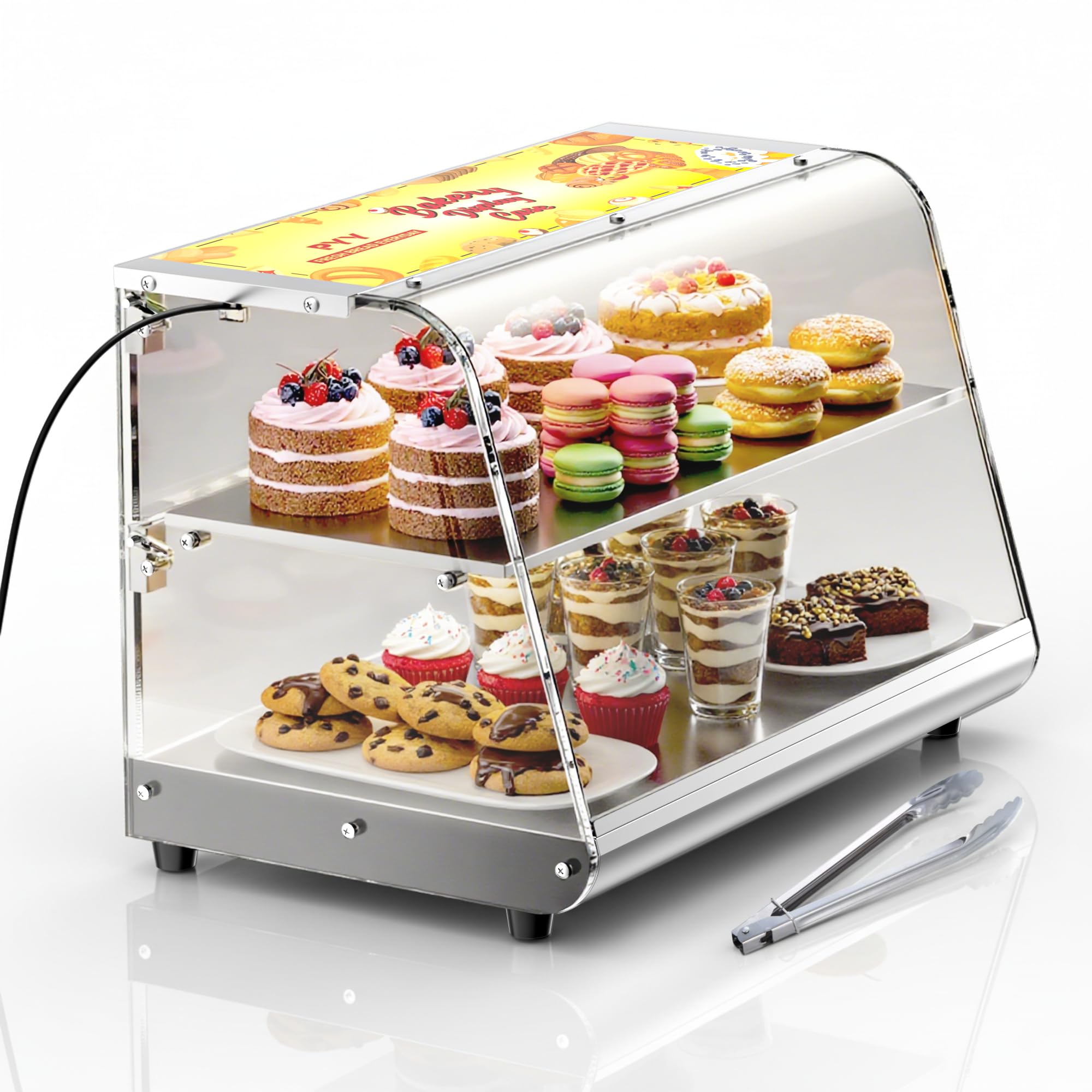 PYY Bakery Display Case - 22" Cake Display Case with 3500K Light, 2-Layer Acrylic Countertop Stainless Steel Shelves & Base, 2 Lift-up Doors