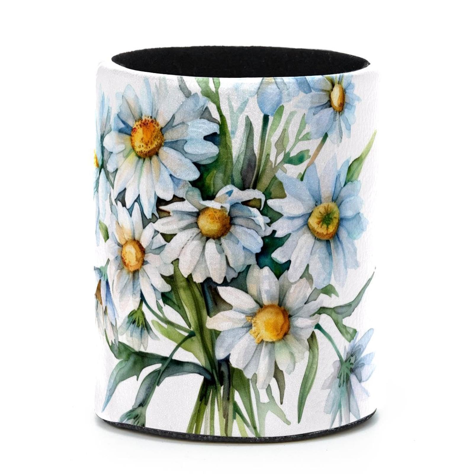 VAPOKF Round Pencil Holders for Desk, Watercolor Chamomile Flowers Pen Holders Pen Pot Makeup Brushes Storage Desktop Stationery Supplies Organiser for Home Office