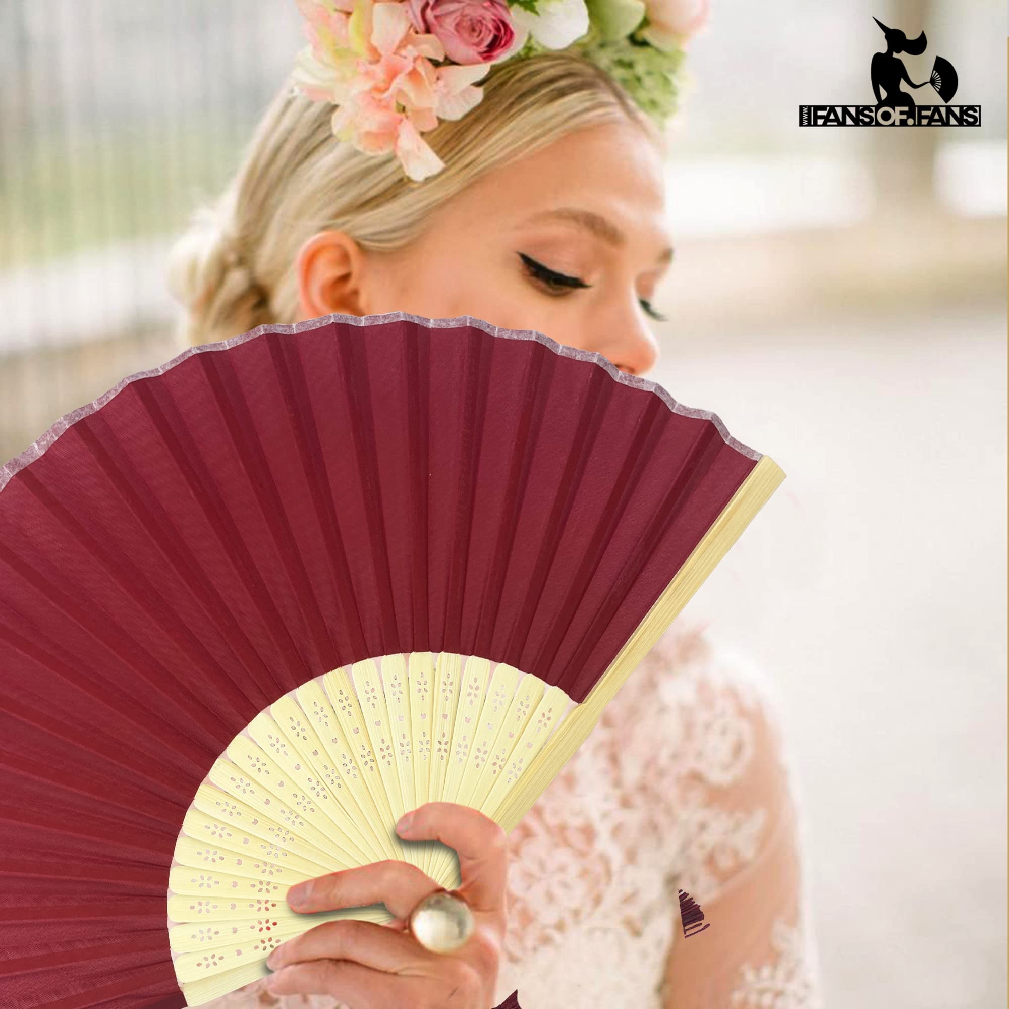 Handfächer aus Stoff mit Quaste, Güteklasse A, Bambusrippen, für Party, Hochzeit, Gastgeschenk (Dunkelrot, Kastanienbraun), 10 Stück