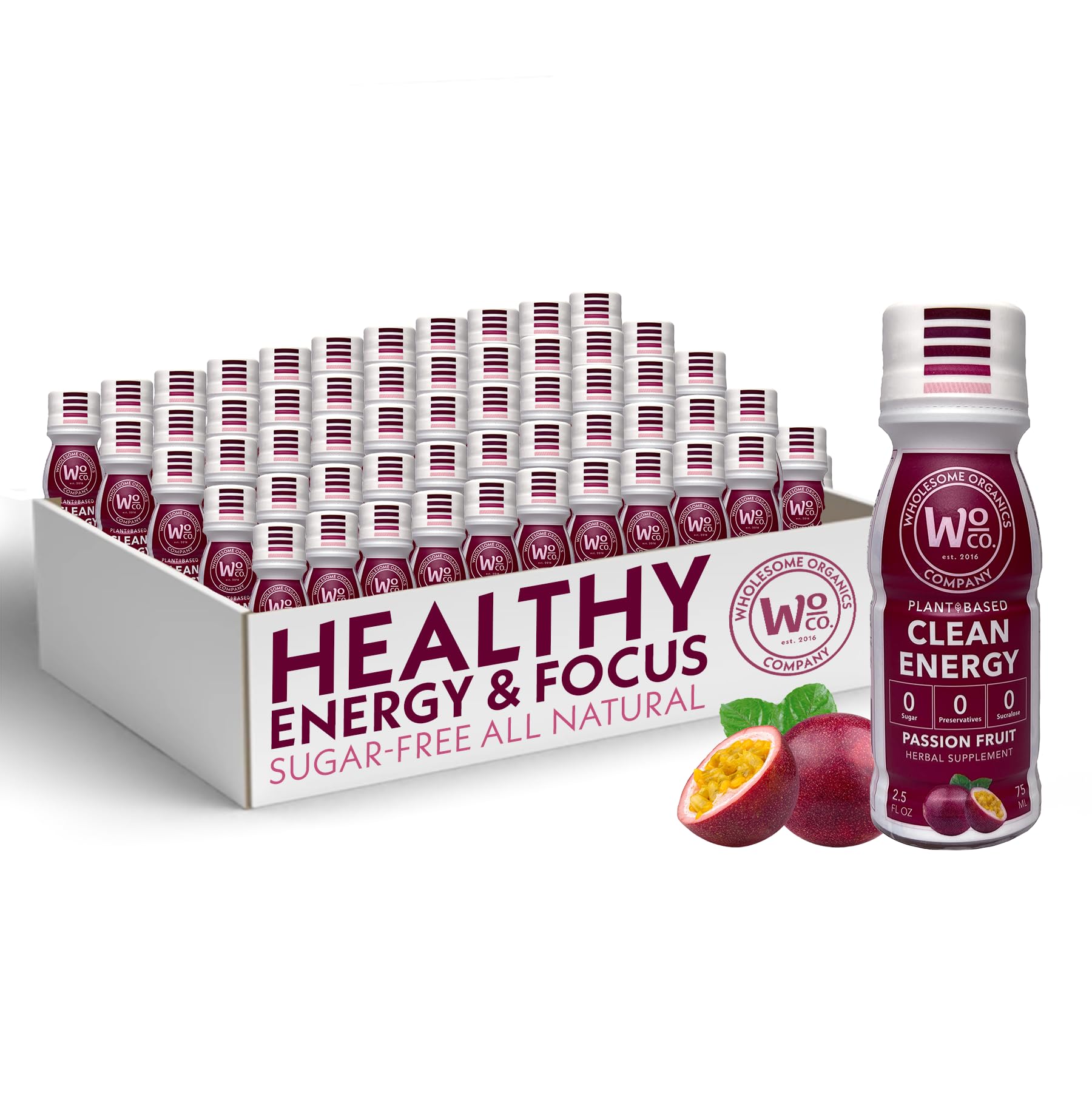 Wholesome Organics - Sugar Free Energy Shots Extra Strength Natural & Healthy Energy Drinks - Plant-Based Energy Supplements - with Vitamin B12, Lion's Mane & Yerba Mate - Passion Fruit Flavor 48 Pack