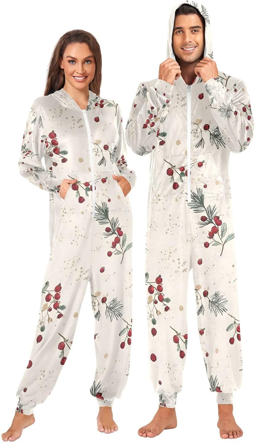 Pine Branches Berries Adult Onesie Pajamas for Unisex Novelty One Piece Costume Sleepwear