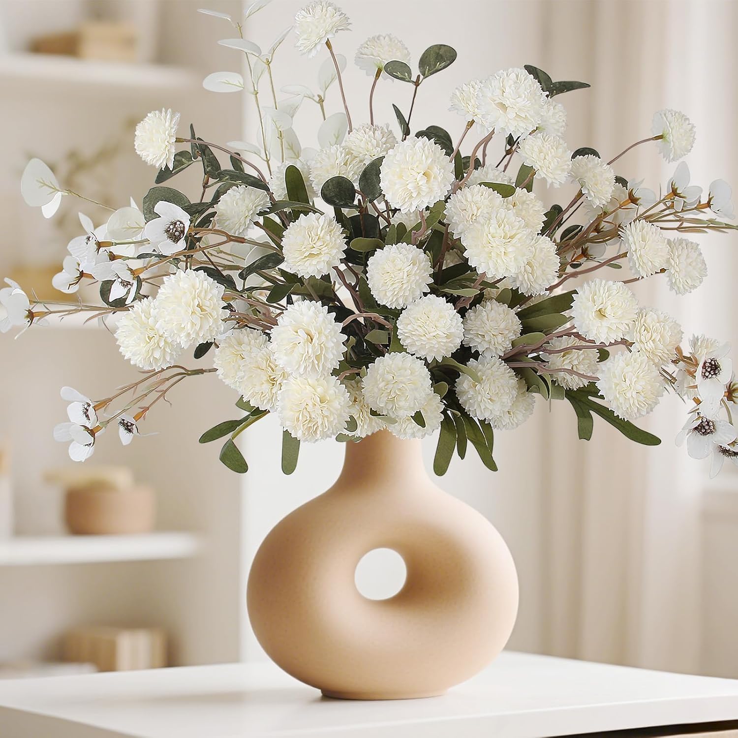 Faux Pompon Mum Flowers - 14pcs Realistic Artificial Chrysanthemum Flower, Beige Silk Fake Kiku Blooms Flower Bulk with Eucalyptus Stems for Home Decor, Wedding Centerpieces, Floral Arrangements - Image 7