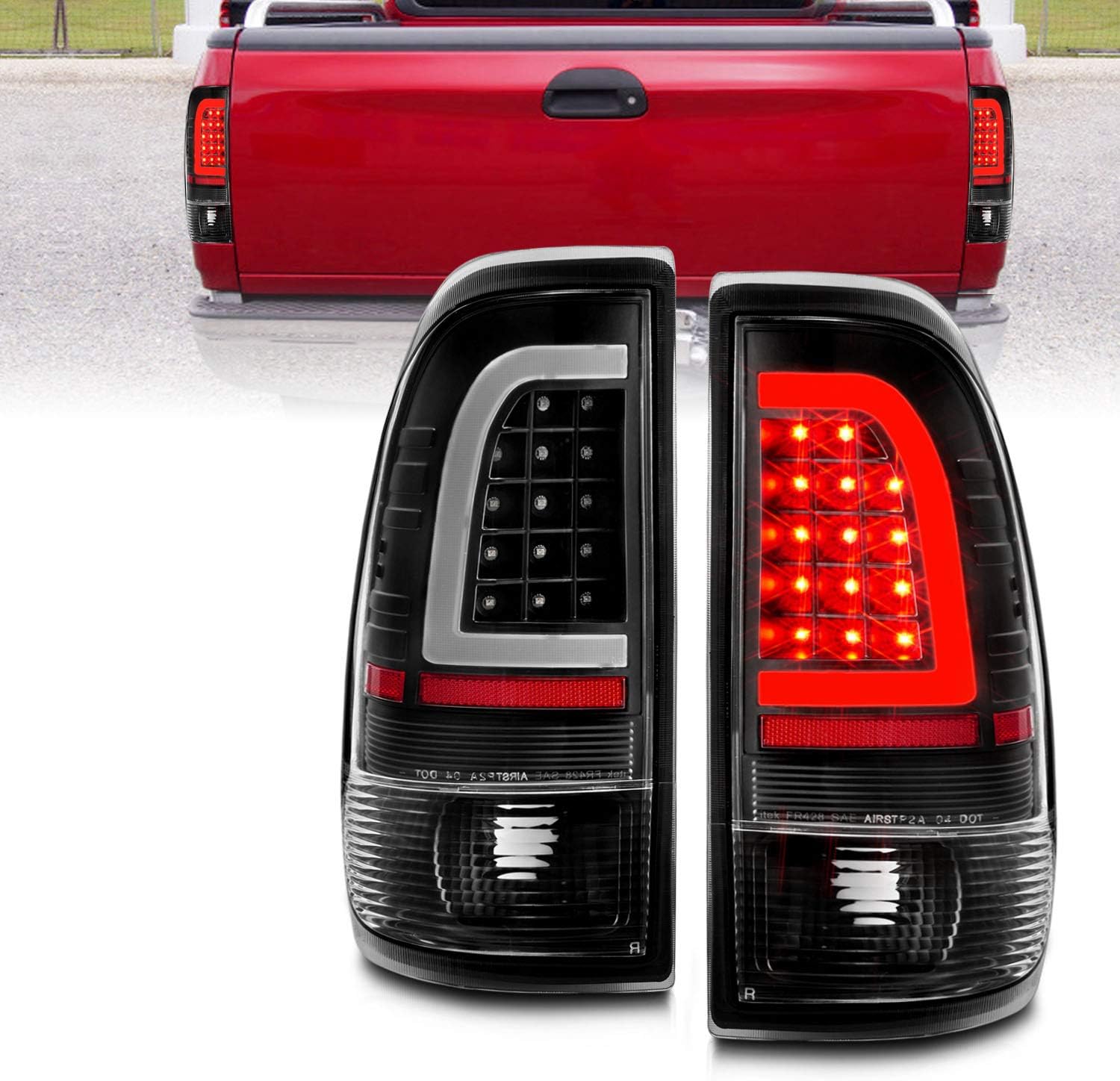 AmeriLite for 1997-2003 Ford F150 99-2007 F250 F350 SuperDuty C-Type LED Tube Crystal Black Tail Lights Brake Lamps Pair - Driver and Passenger Side