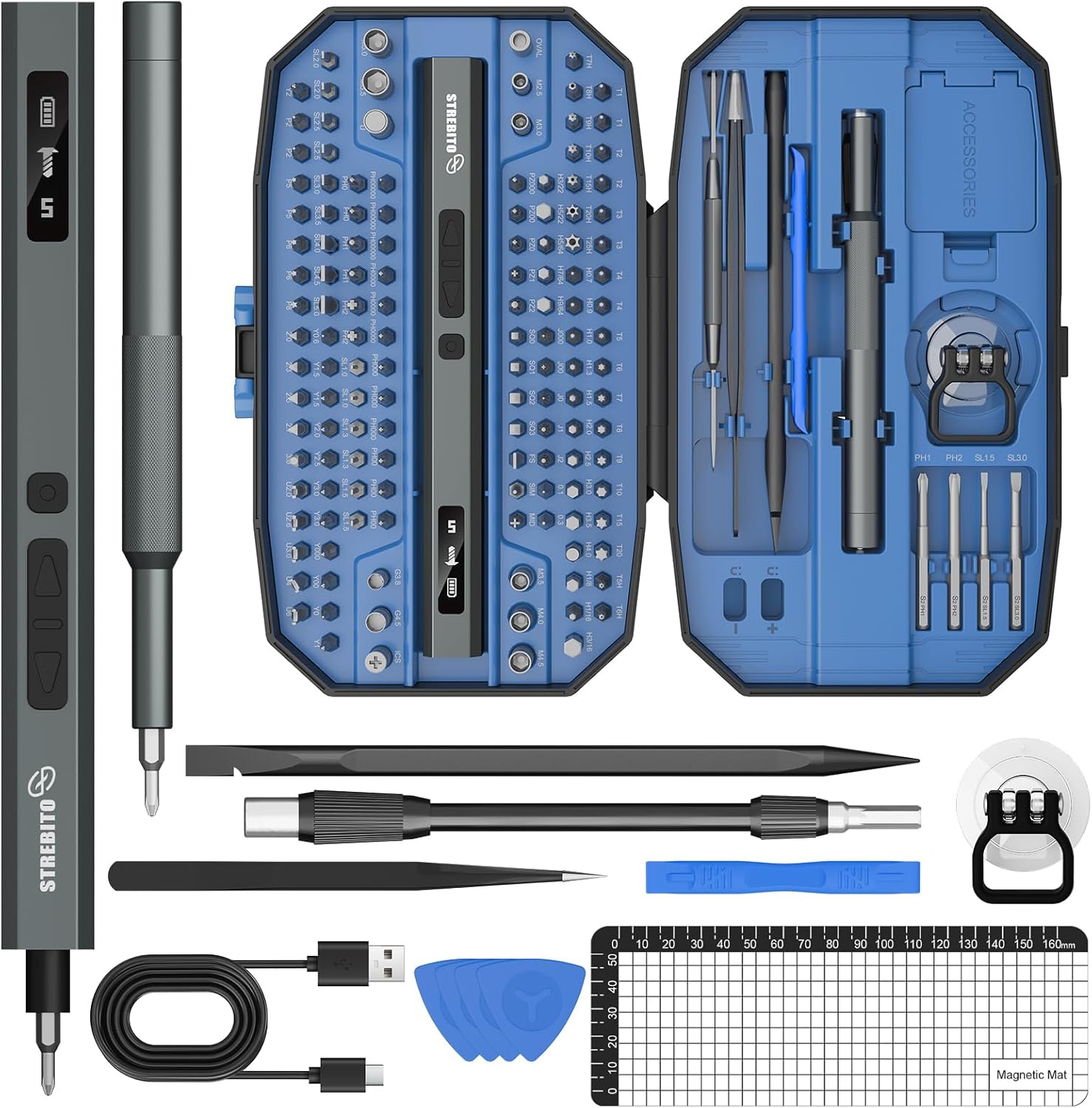 STREBITO 155 in 1 Electric Screwdriver Set, Small Electric Screwdriver Cordless with 140 S2 Magnetic Bits, Electronic Power Screwdriver Repair Tool Kit for RC, Computer, Pc Building, Laptop（Upgraded）