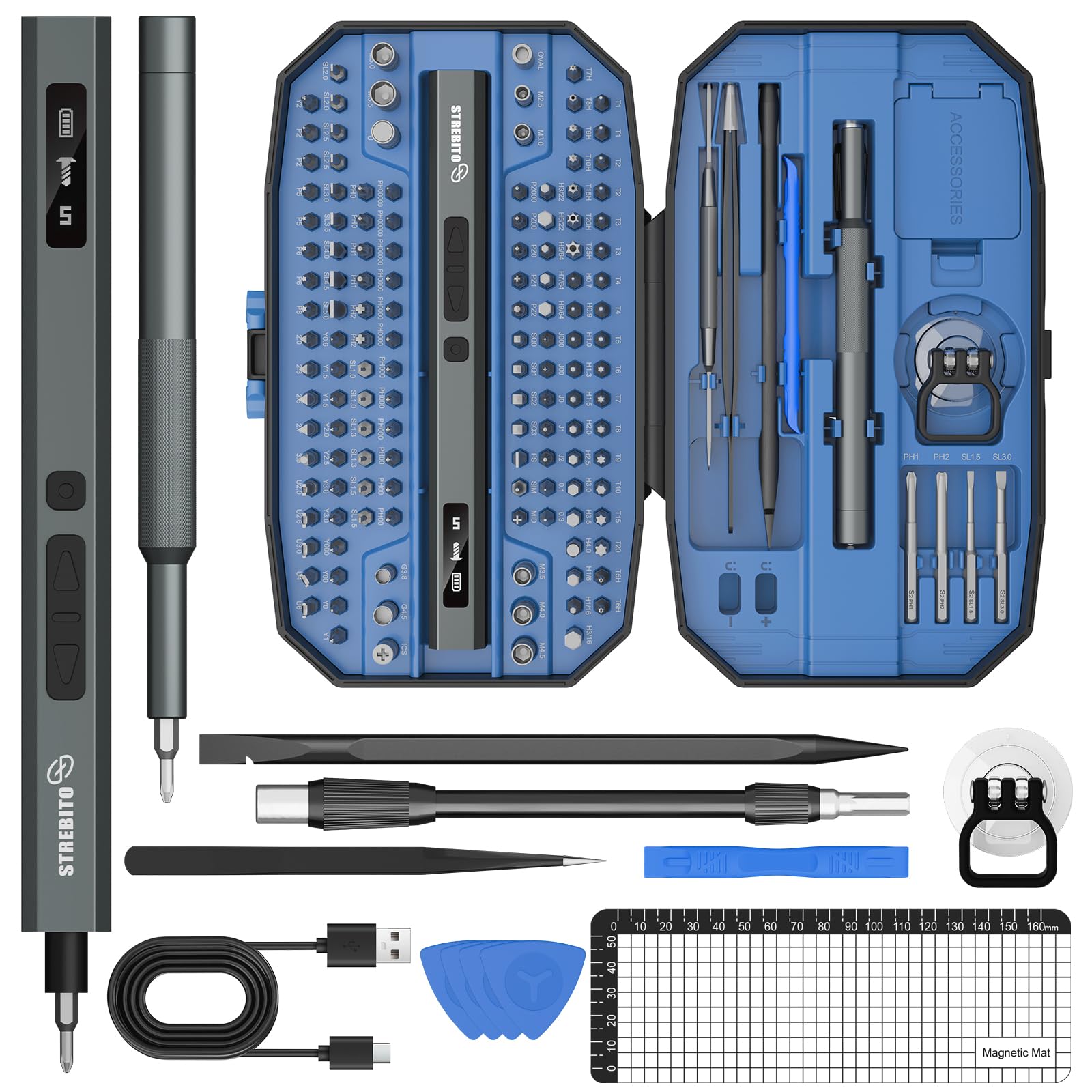 STREBITO 155 in 1 Electric Screwdriver Set Small Electric Screwdriver Cordless with 140 S2 Magnetic Bits Electronic Power