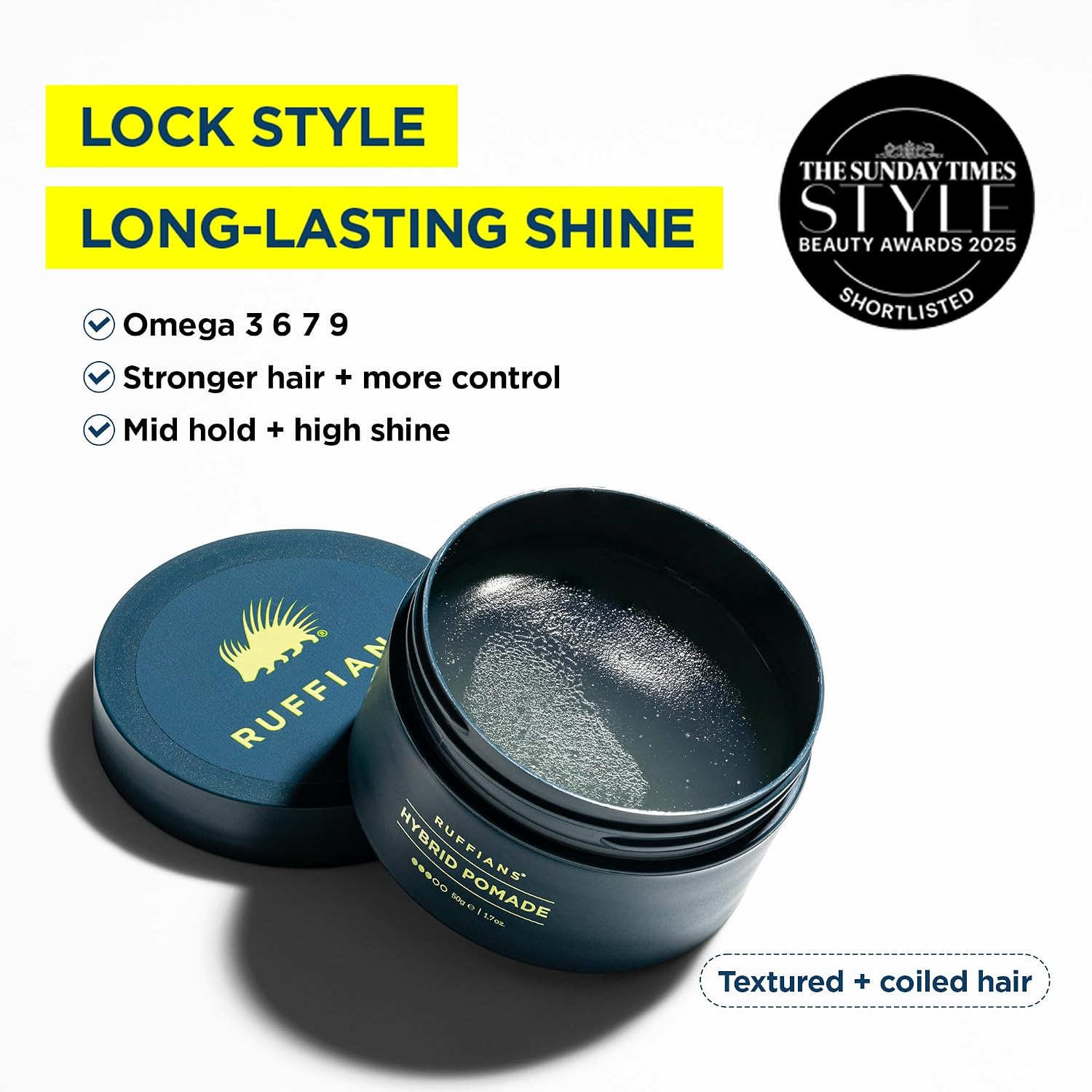 Ruffians Hybrid Pomade (1.7 Oz Fl / 50 ML) Omega-Enhanced Haircare Solution for Textured Hair, Mid Hold, High Shine, for Textured and Coiled Hair, Easily Washable