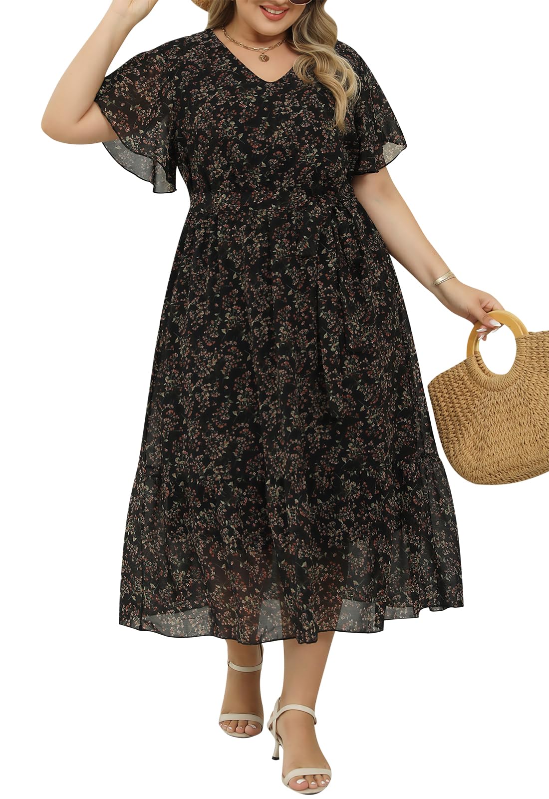 Nemidor Plus Size Women Casual Maxi Dresses Print Bobo Belted Layered Chiffon Summer Long Dress with Ruffle Sleeve