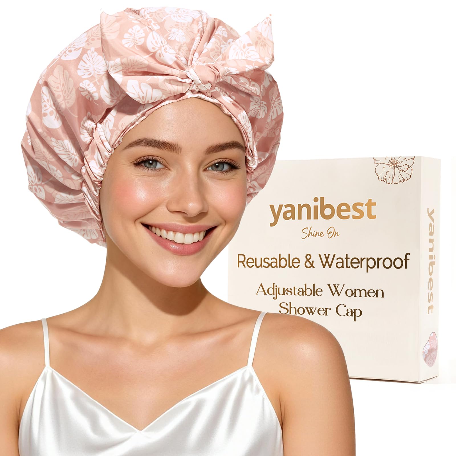 Yanibest Luxury Non-Slip Shower Cap for Women, Adjustable Waterproof Shower Cap, Reusable Cute Hair Cap to Keep Hair Dry