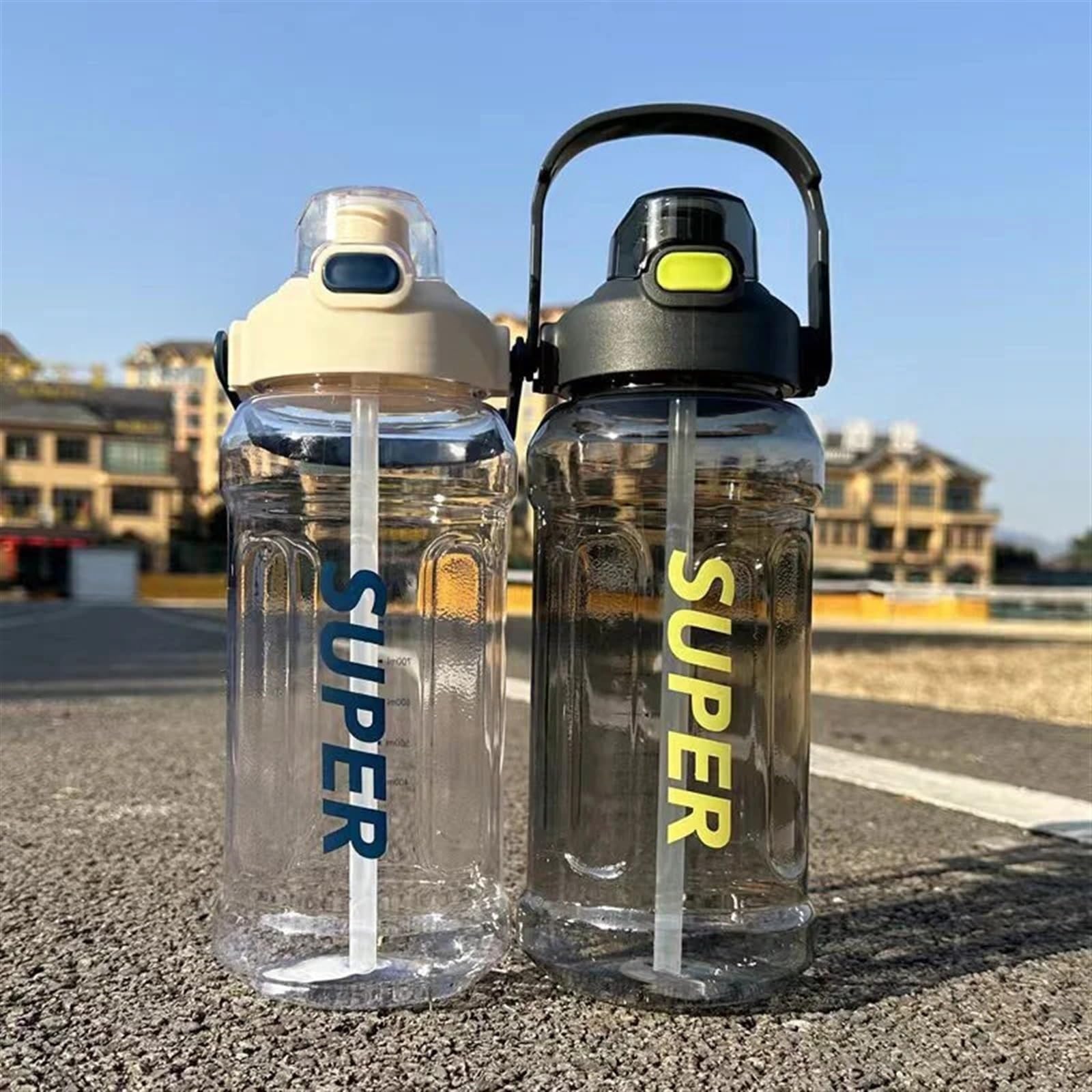 Sportflasche 1500/2000ML Water Bottle with Straw Outdoor Sports Drinking Bottles Large Capacity Plastic Cup Fitness(2000ml White)