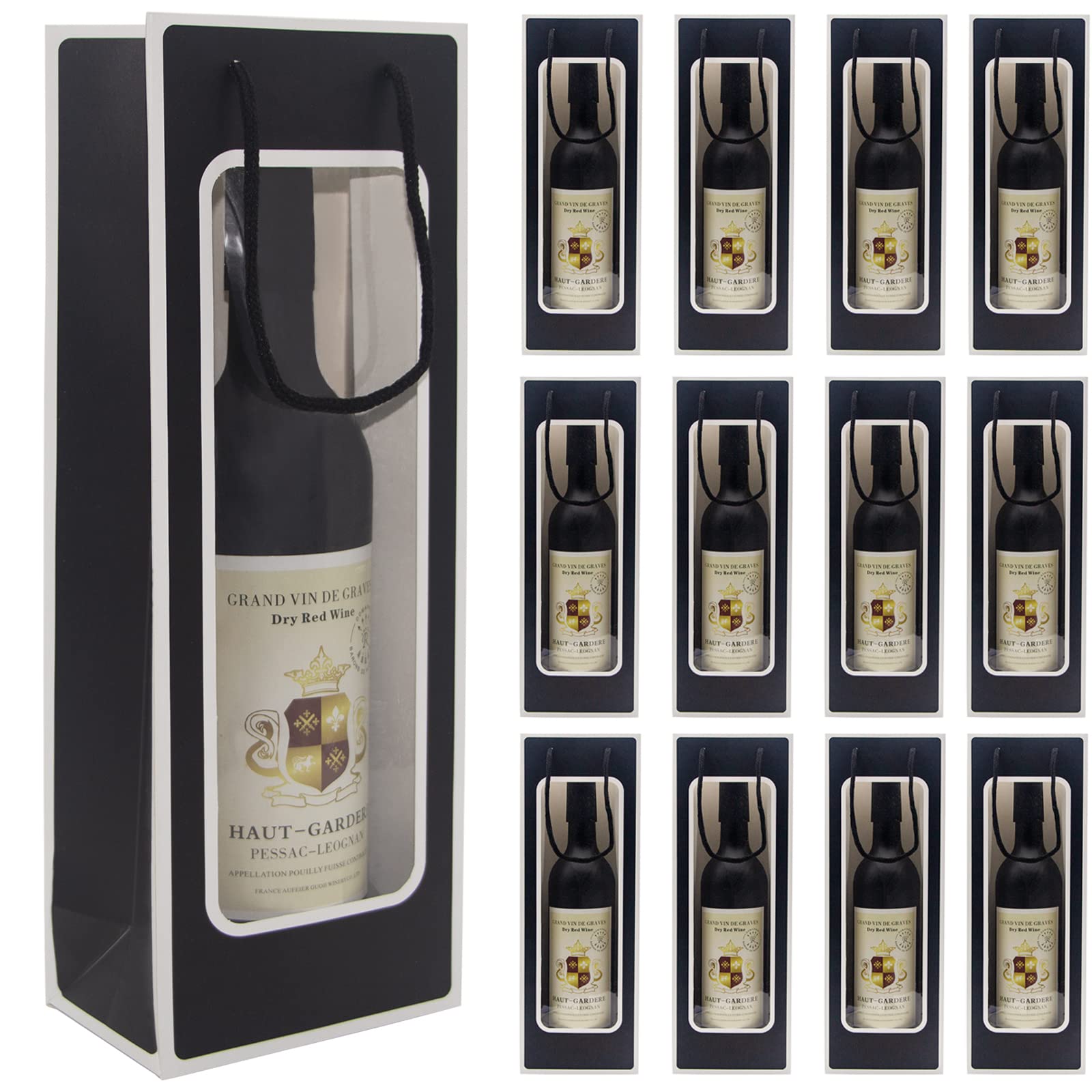 WAKAKO 12 Pcs Wine Gift Bags for Wine Bottles, Reusable Clear Window Wine Bottle Bags Bulk with Handles for Weddings, Christmas, Birthday, Party, Graduations, Thanksgiving (Black)