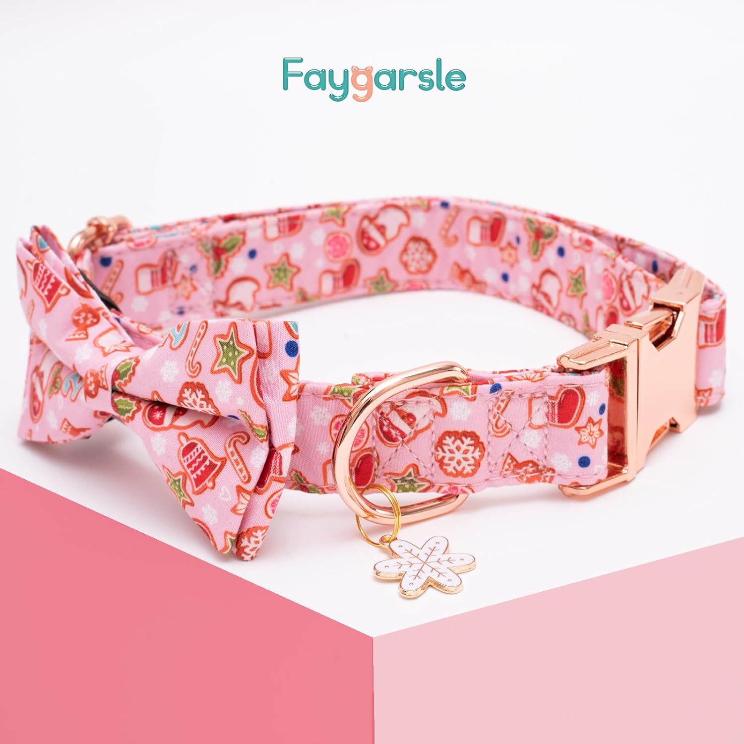 Faygarsle Pink Dog Collar Christmas Design with Bow Metal Buckle Santa Claus Snowflake Candy Pattern for Small Medium Large Dogs Bowtie Fancy Collar Cute Stylish Girl Christmas Dog Collar S Pink Christmas S