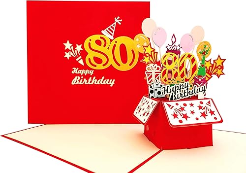 iGifts And Cards Tarjeta de felicitación emergente 3D con caja de fiesta de cumpleaños número 80, increíble, globos, único, celebración, feliz