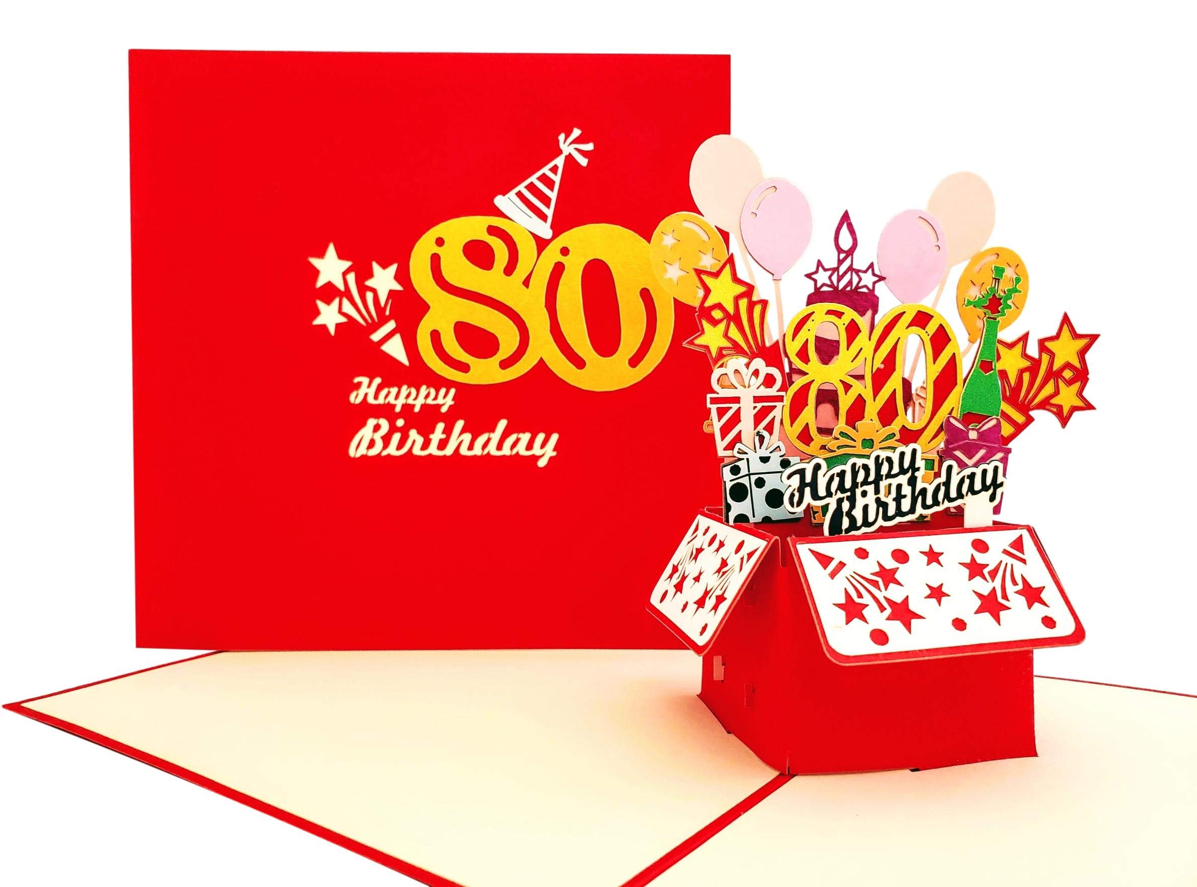 iGifts And Cards Tarjeta de felicitación 3D con texto en inglés "Happy 80th Birthday Party Box" - Tarjeta de felicitación desplegable en 3D, diseño de globos, único, celebración, feliz cumpleaños,
