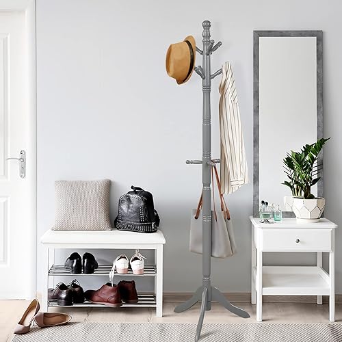 Miniatura 4 de Tangkula Perchero de madera independiente, soporte de altura ajustable de entrada con 9 ganchos y base estable de tres patas, perchero de madera de