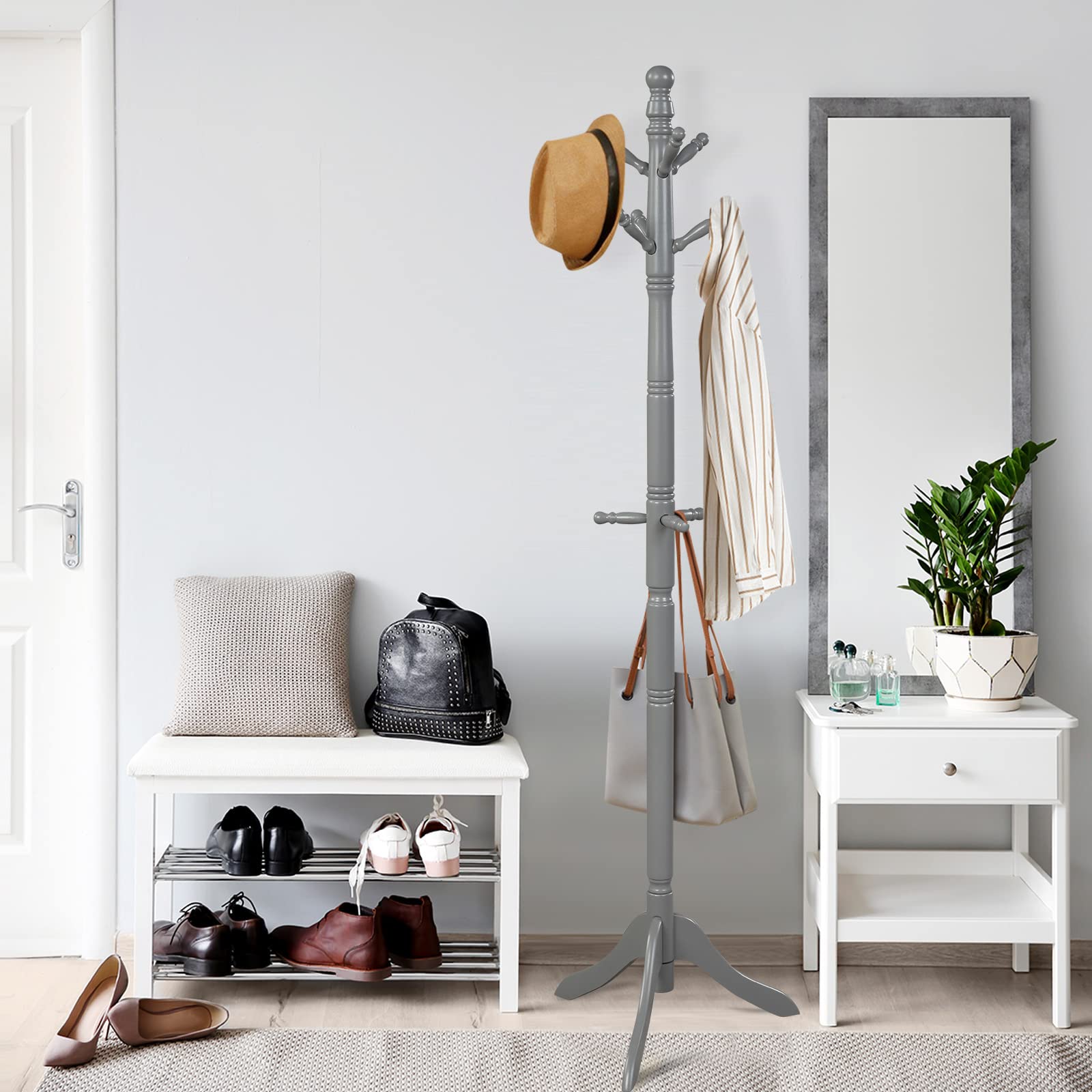COSTWAY Attaccapanni ad Albero, Appendiabiti in Legno di Gomma con 9 Ganci, Albero Porta Abiti per Camera da Letto Soggiorno Ingresso e Ufficio, 50x50x138-175 cm (Grigio)