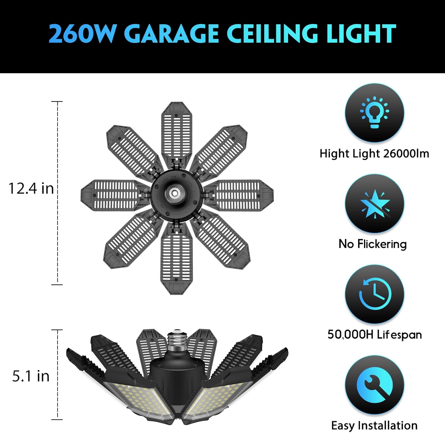 LED Garage Ceiling Light, 260W 26000LM 6500K Deformable with 8+1 Adjustable Panels Commercia Bay Lamp for E26/E27 Screw Socket,Basement,Barn,Workshop,Attic (1Pack & 8+1Panels)