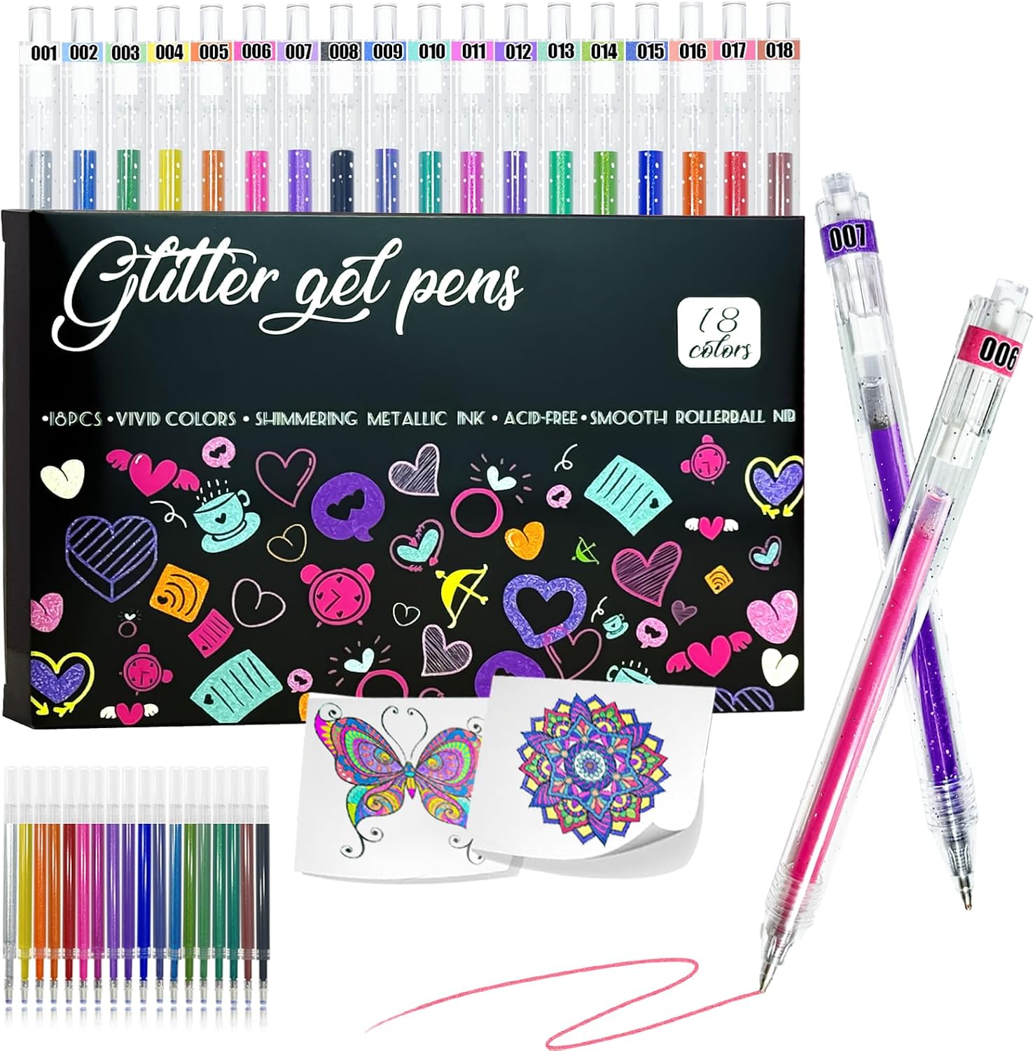 Glitter Pens 18 Colors with 18 Refills, Retractable Glitter Gel Pens for Adult, Vibrant Sparkle Metallic Colored Gel Pens Suitable for Coloring Books Doodling Drawing Journaling Note Taking Writing