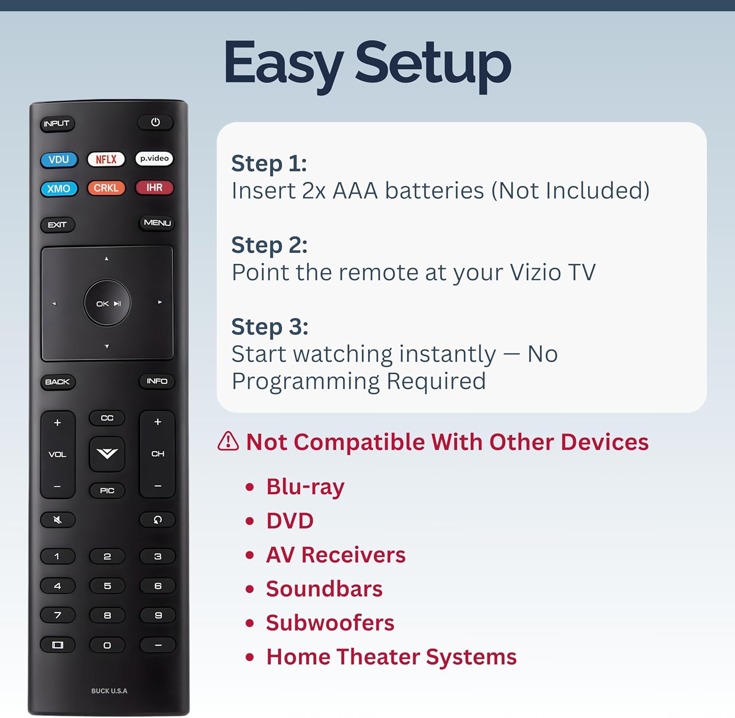 XRT136 Vizio Smart TV Remote Replacement - Easy Setup, Infrared, Shortcut Keys, Universal Remote for SmartCast TVs - Vizio Remote Control Replacement for D, E, M, P, V, PX, OLED Series
