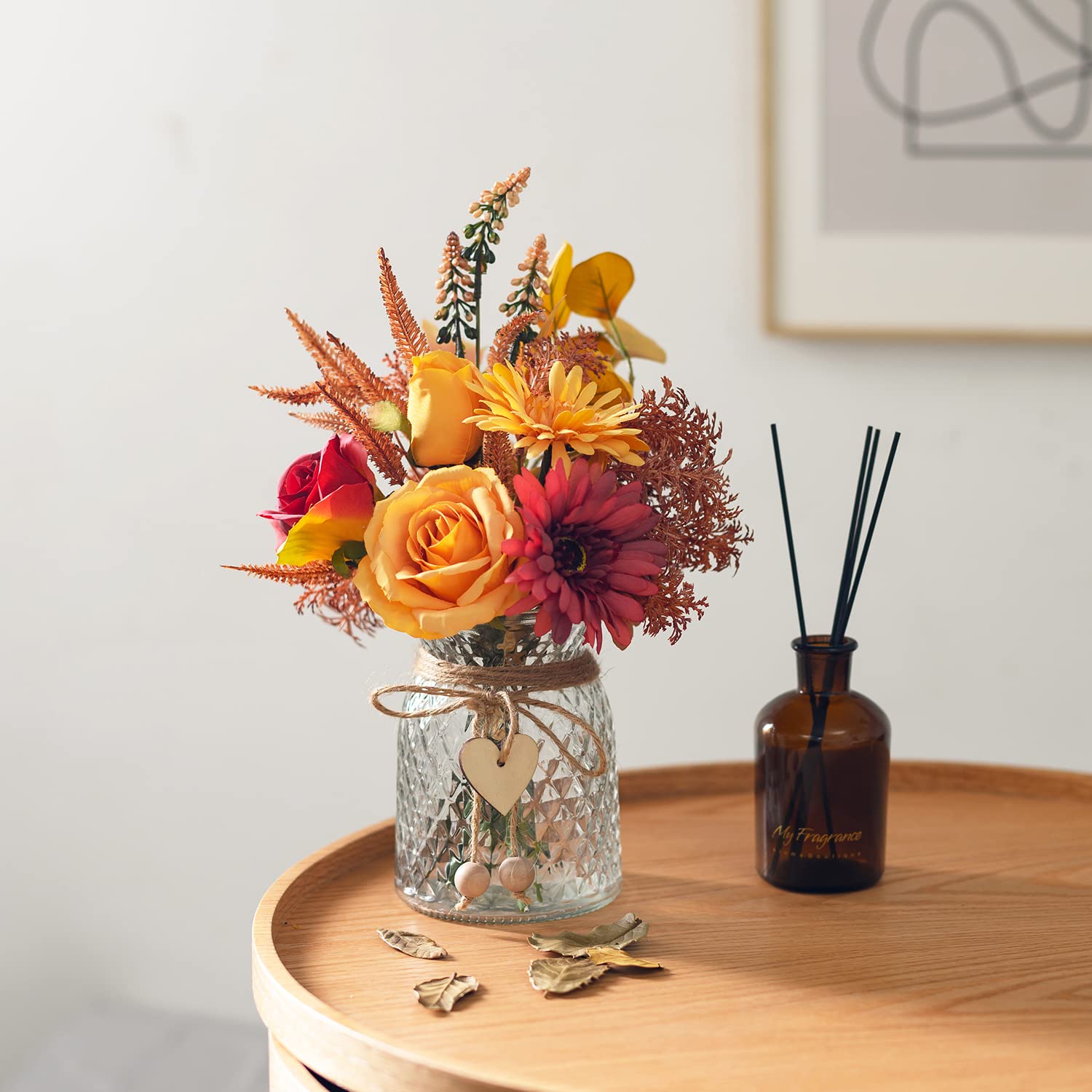 Flores artificiales con jarrón, arreglo de flores de seda sintética en jarrón, decoraciones rústicas para hogar y oficina, decoración de mesa de comedor de estilo granja, centro de mesa de