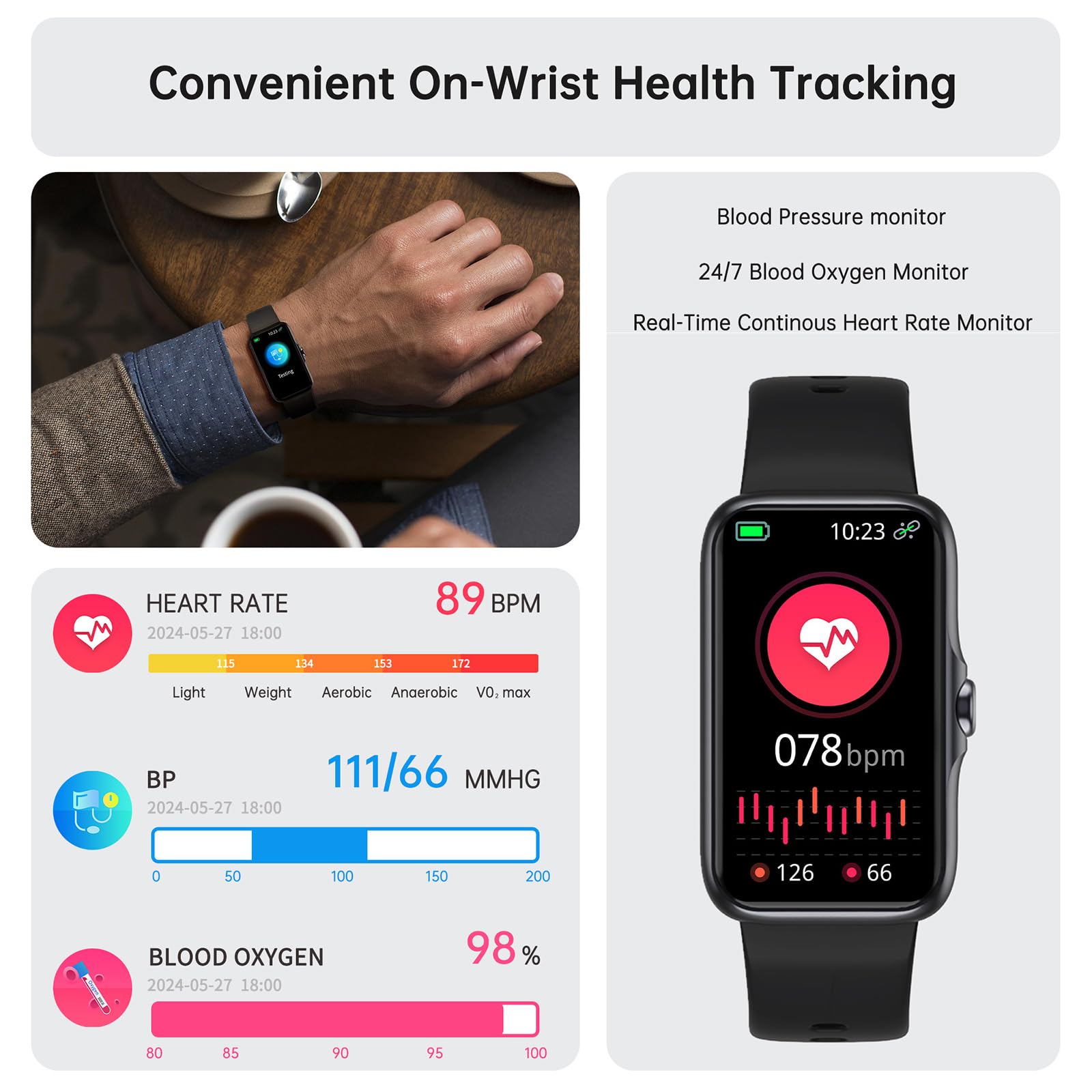 Sunorshop Health Fitness Tracker, Smart Watch with 24/7 Heart Rate and Blood Oxygen, Sleep Tracker with Blood Pressure Monitor, IP68 Waterproof Activity Tracker Pedometer Step Counter for Women Men