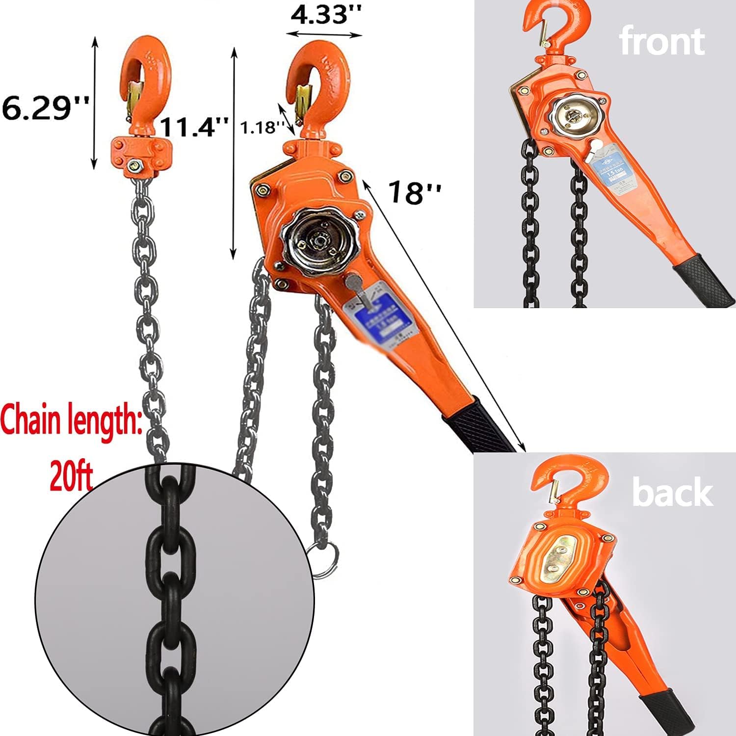 uyoyous Manual Lever 1653lbs, RatchetChain Hoist 20 ft Manual Lever Hoist Chain Come Along 3/4T Chain Lever Block Hoist Manganese Steel Chain Ratchet Lever Hoist Lifting with Hook : Industrial & Scientific