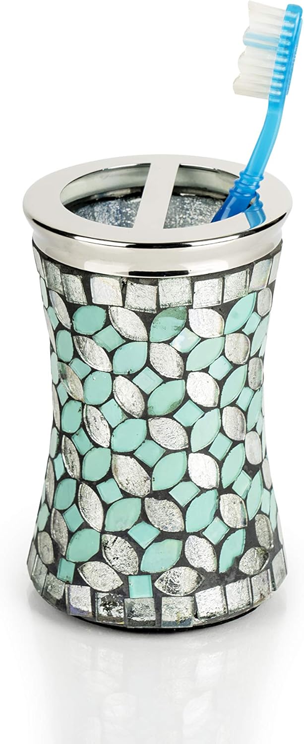 nu steel (Set of 4) Sea Foam Bath Accessory Set in Aqua Blue/Silver Glass Mosaic/ Stainless Steel for Bathrooms & Vanity Spaces