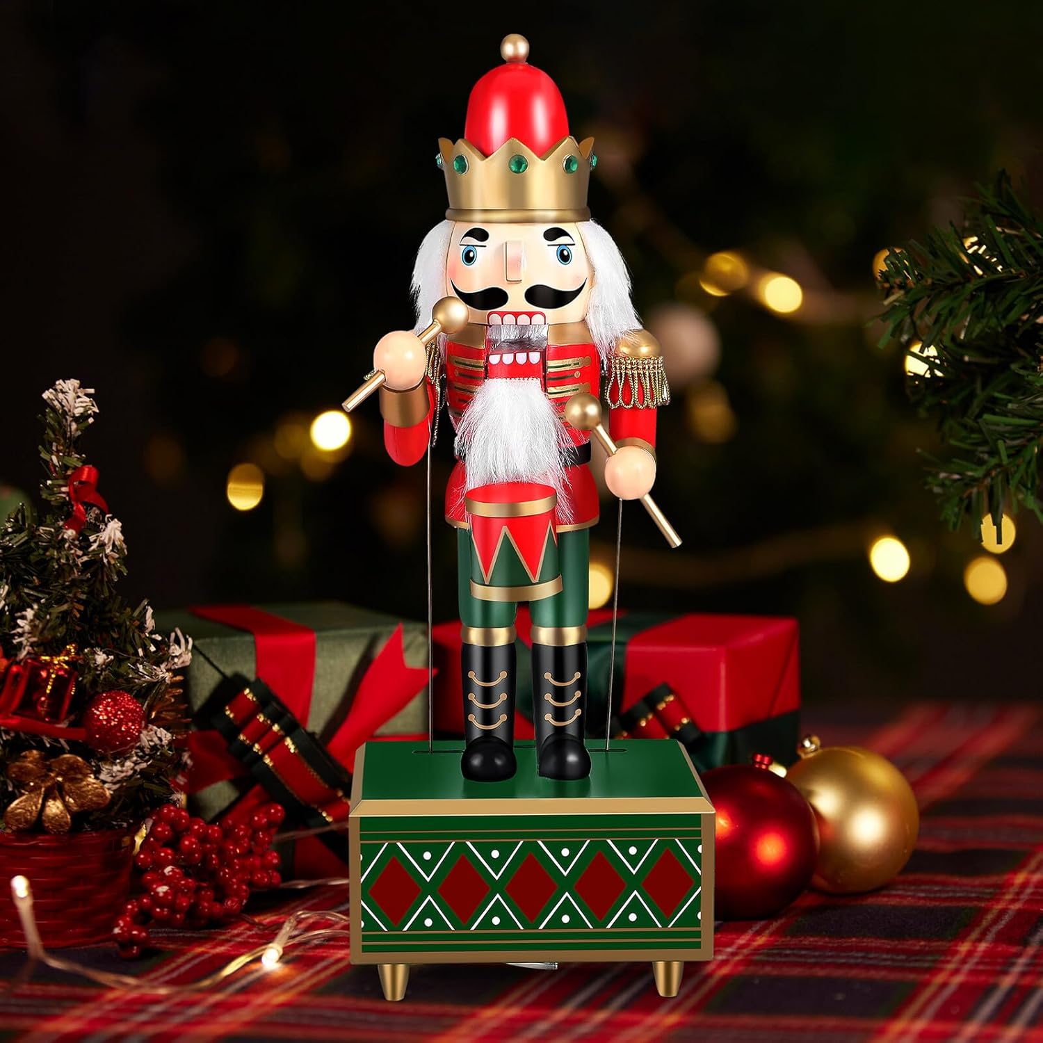 Classic 32cm Red Wooden Nutcracker Music Box, Hand-cranked Rotating Christmas Nutcracker Figurine, Festive Xmas Decoration for Home Table Centerpiece