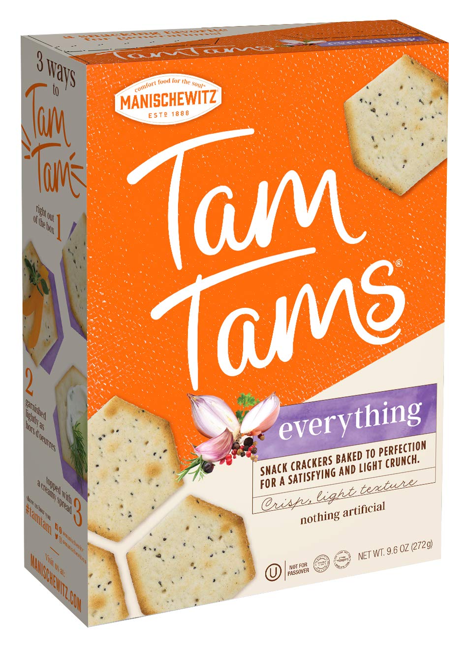 Manischewitz Tam Tams Everything Snack Crackers, 9.6-Ounce Boxes (Pack of 4)