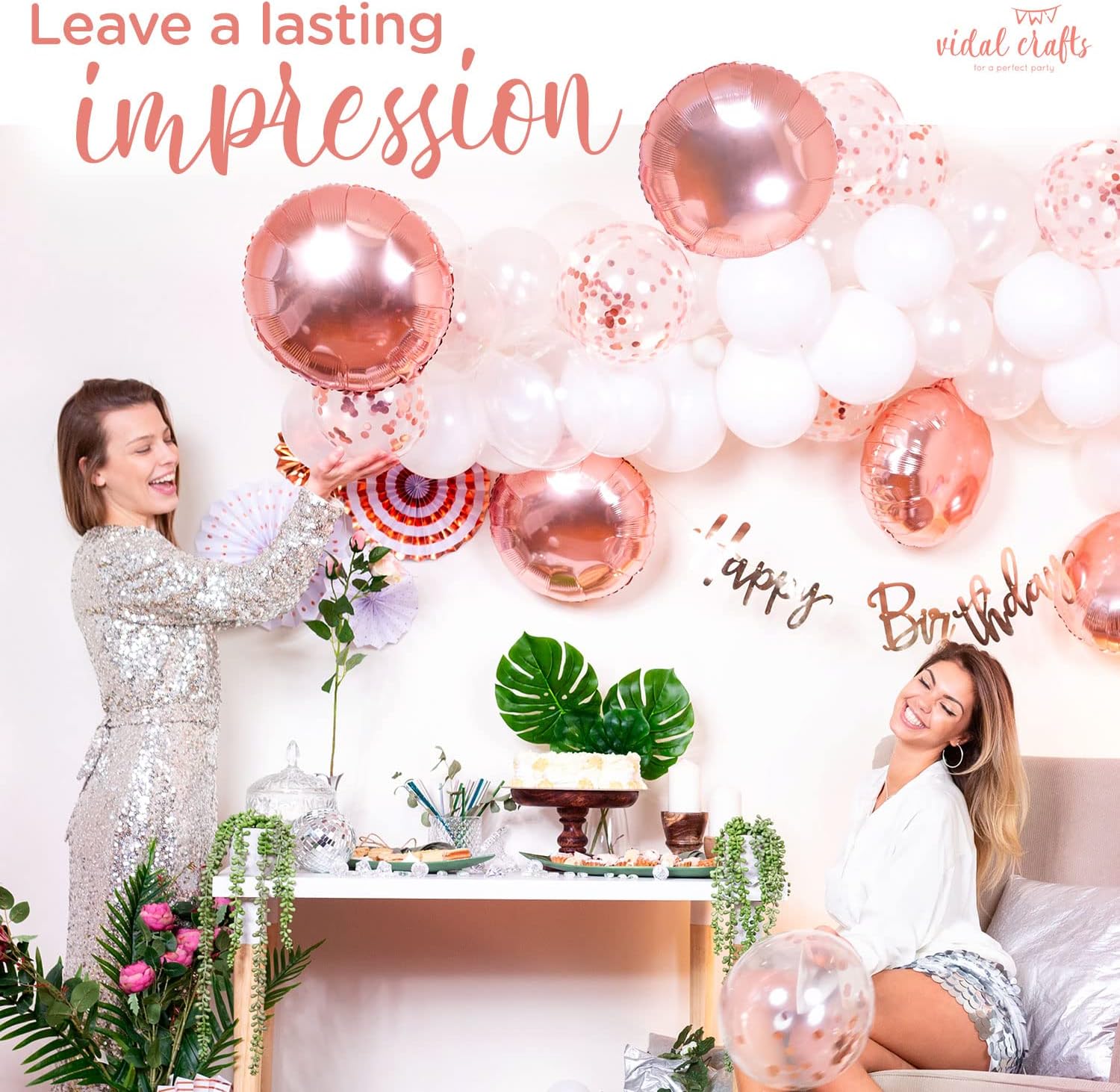 VIDAL CRAFTS 60 Pcs Set Rose Gold Party Decorations for Women, Rose Gold Confetti Balloons, Fans and Banners, Girls Birthday Party Decorations Supplies