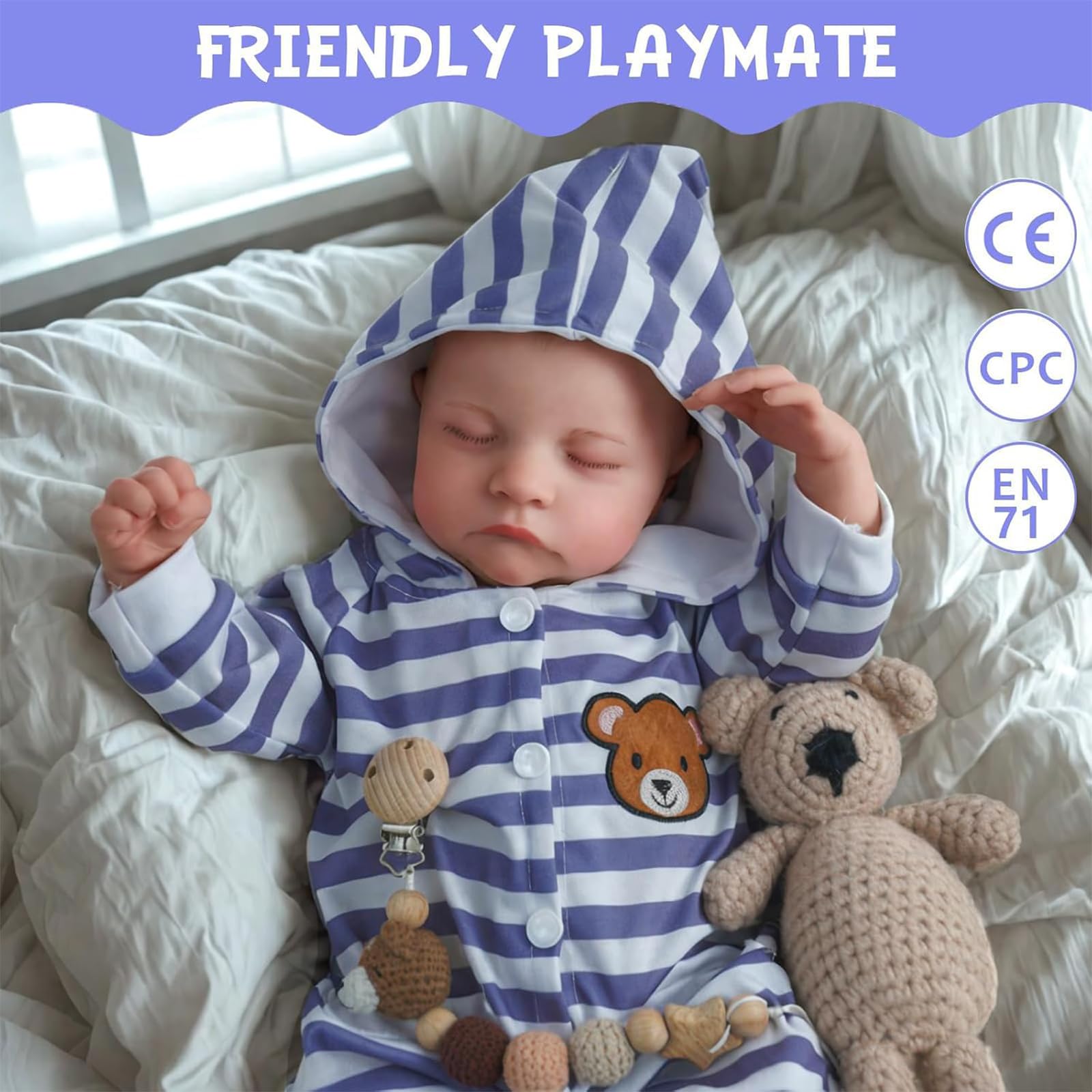 Reborn Babypuppe, 50 cm,Blau-Weiß Gestreift, Sammlerstück, BABESIDE Lebensechte Reborn-Baby Puppen Junge 20 Zoll Handgemachte Realistische Wiedergeborene Puppe Neugeborenes ab 3 Jahren