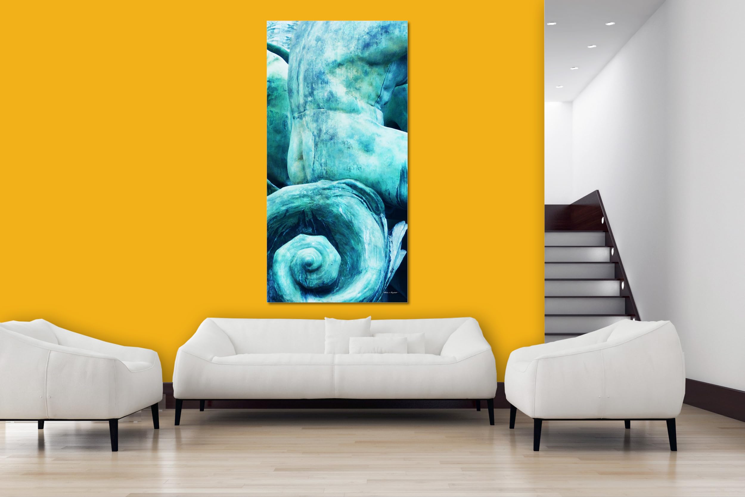 Glücksvilla - Der schöne Mann (Leinwand-Bild 2 cm, 100 x 200 cm) | div. Maße - aus DE - Kunstdruck Deko Wandbild quer - Statue Körper Brunnen Bronze Figur Kunst
