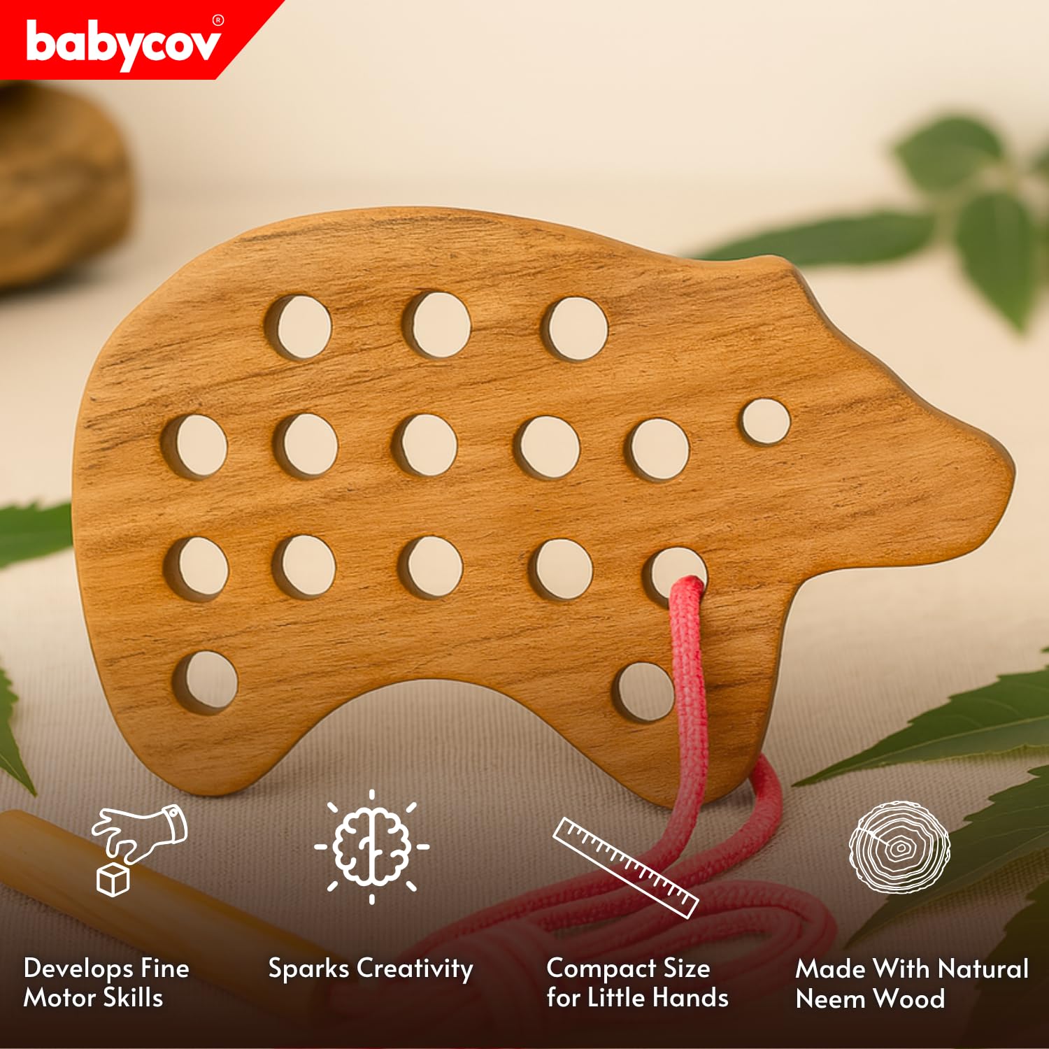 Babycov Wooden Lacing Toy for Kids | Enhance Fine Motor Skills | Hand-Eye Coordination | Screen-Free, Encourage Free Play, Creativity, & Imagination Montessori Toys (Bear)