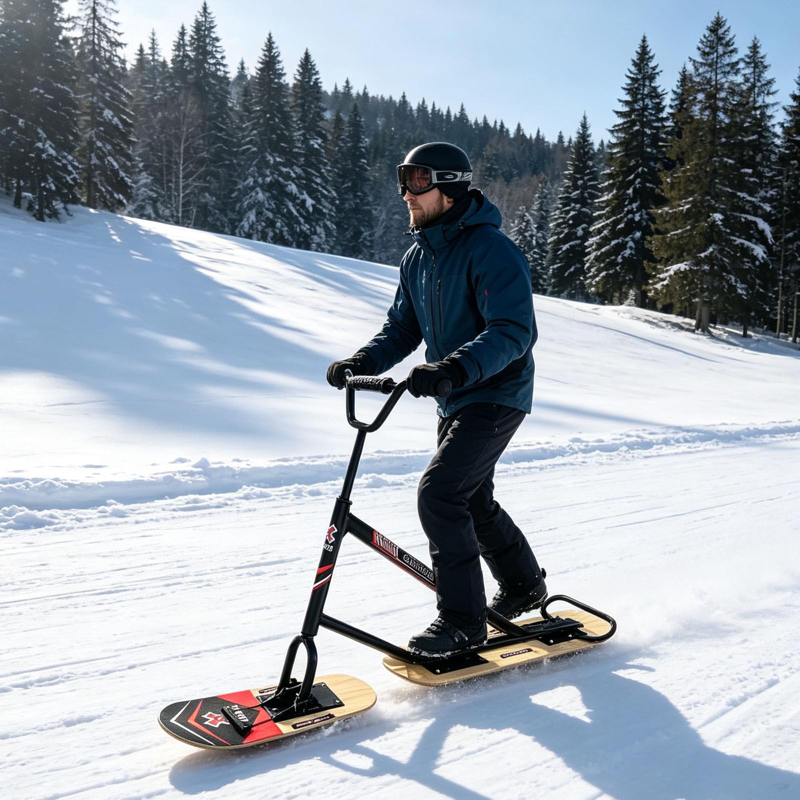 Slitta a Doppio Sci per Adulti con Sci Girevoli a 360° | Modello all‑Terrain con Telaio in Alluminio e Pedana in Acero a 5 Strati Woodcolor