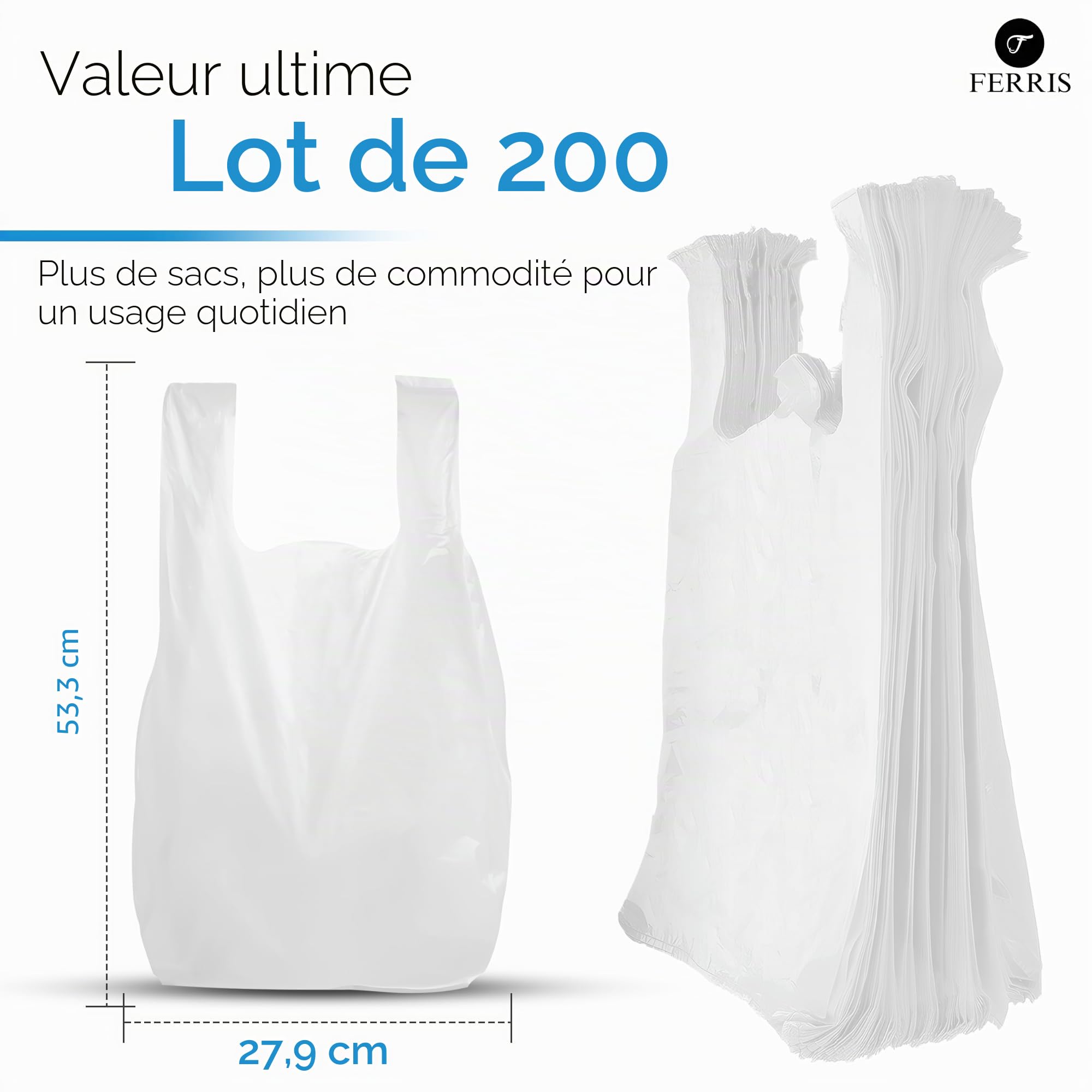 FERRIS Lot de 200 grands sacs de transport solides avec poignées, sacs en plastique multi-usages résistants de 40,5 x 45,8 x 55,8 cm, pour les courses, les étals de marché, les plats à emporter,
